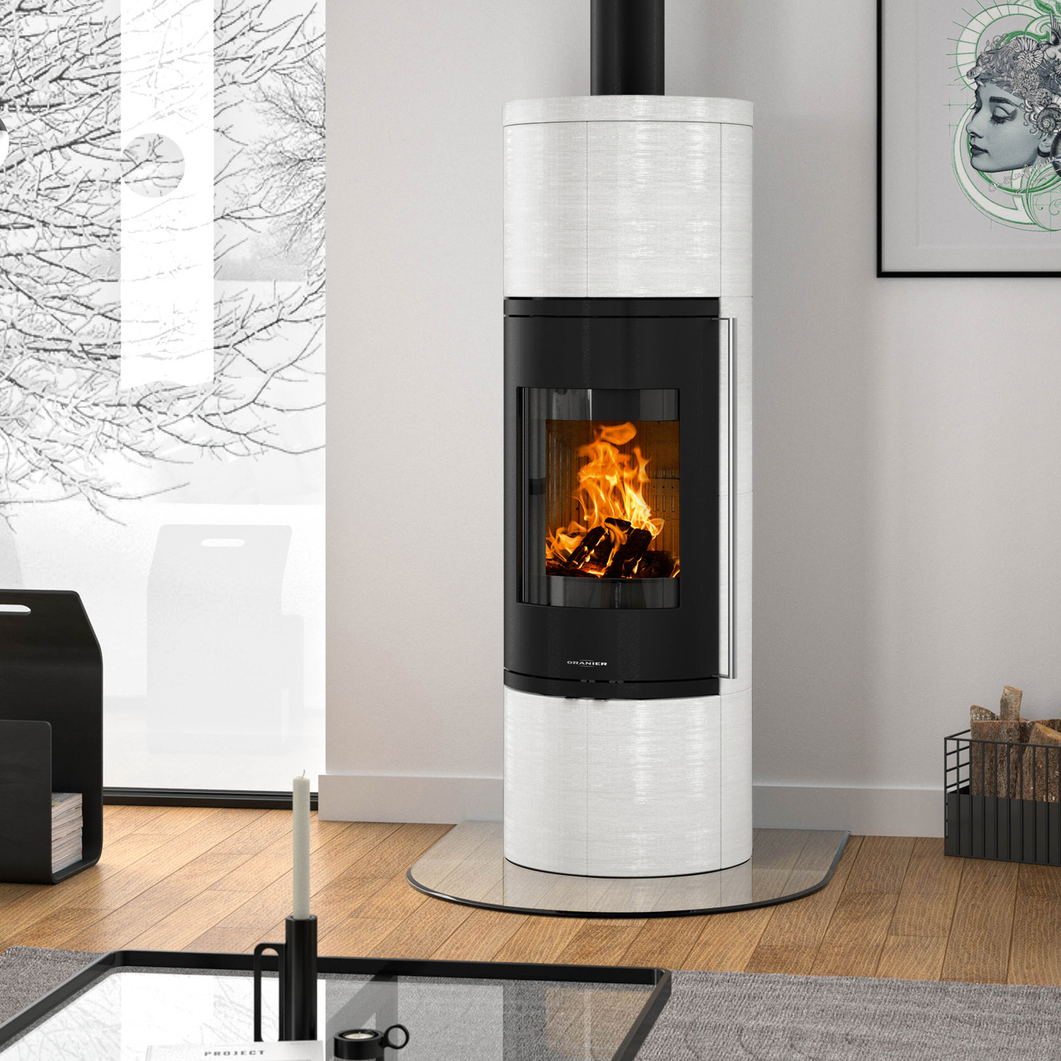 Oranier Arkona W+ 2.0 Kaminofen Stahl Schwarz / Keramik Kreideweiß, gebürstet