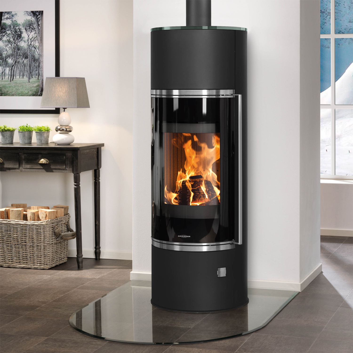 Oranier Arena Aqua 2.0 wasserführender Kaminofen Stahl Schwarz mit Abdeckplatte Glas