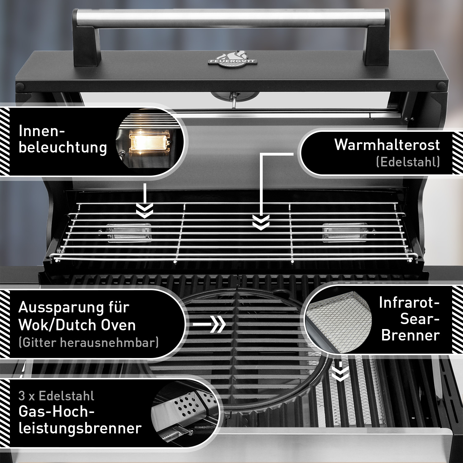 Feuergott Gas-Grillstation Hektor 3B-S All Inclusive mit Abdeckhaube, Drehspieß und 4-teiligem Grillbesteck