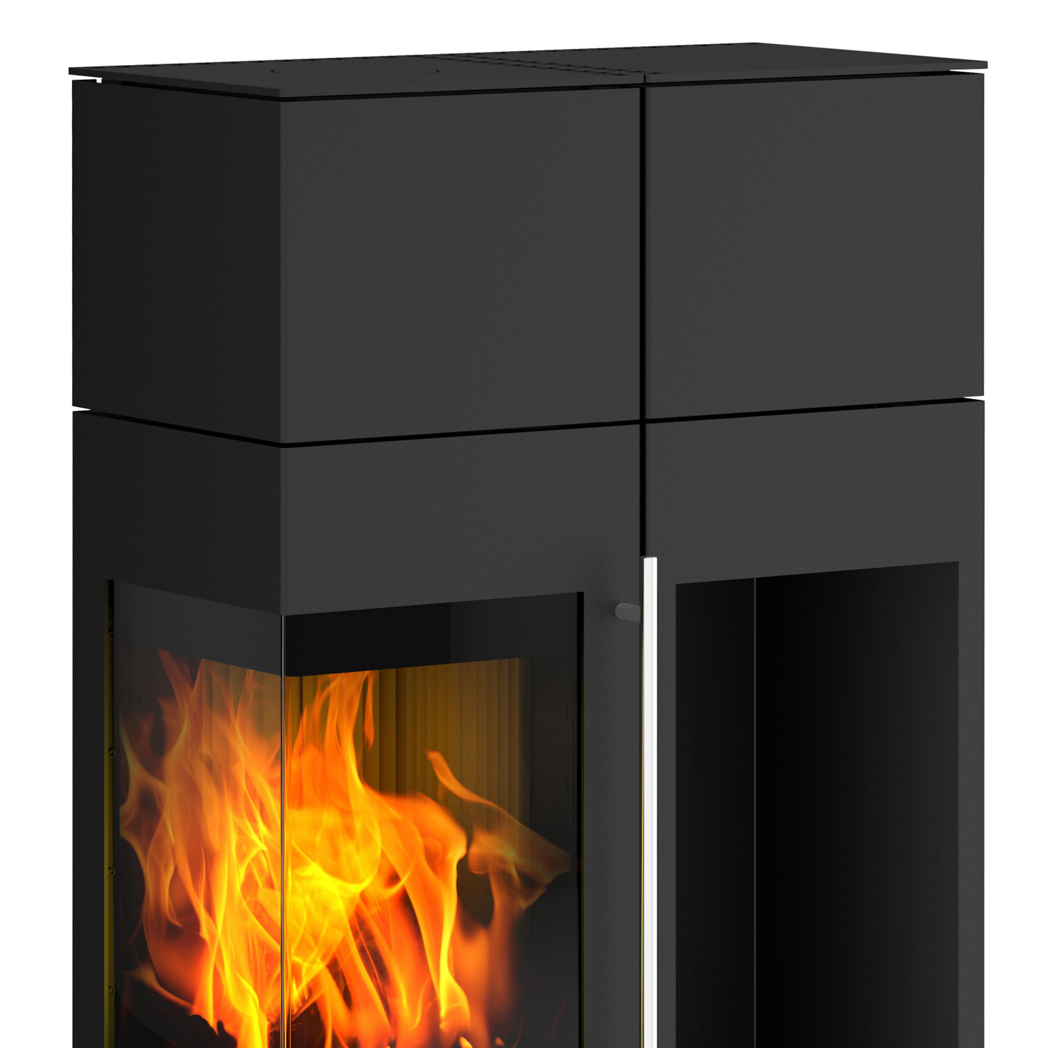 Olsberg Ipala Smart Compact Kaminofen Türanschlag links mit Holzregal und PowerBloc!-Aufsatz inkl. PowerBloc!