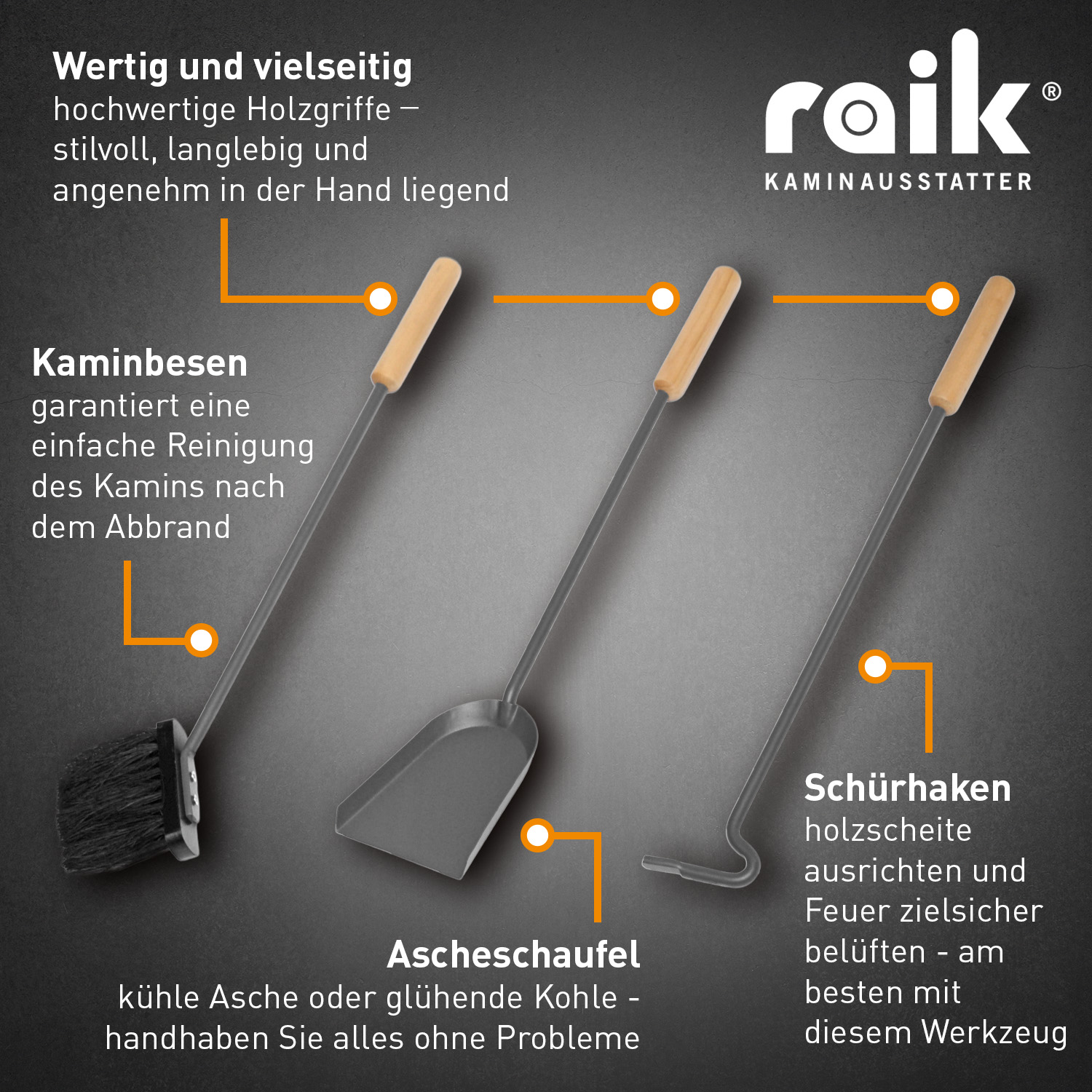 Raik Kaminbesteck Otto 3-teilig + stromloser Kaminventilator / Ofenventilator 4-Blatt, Set