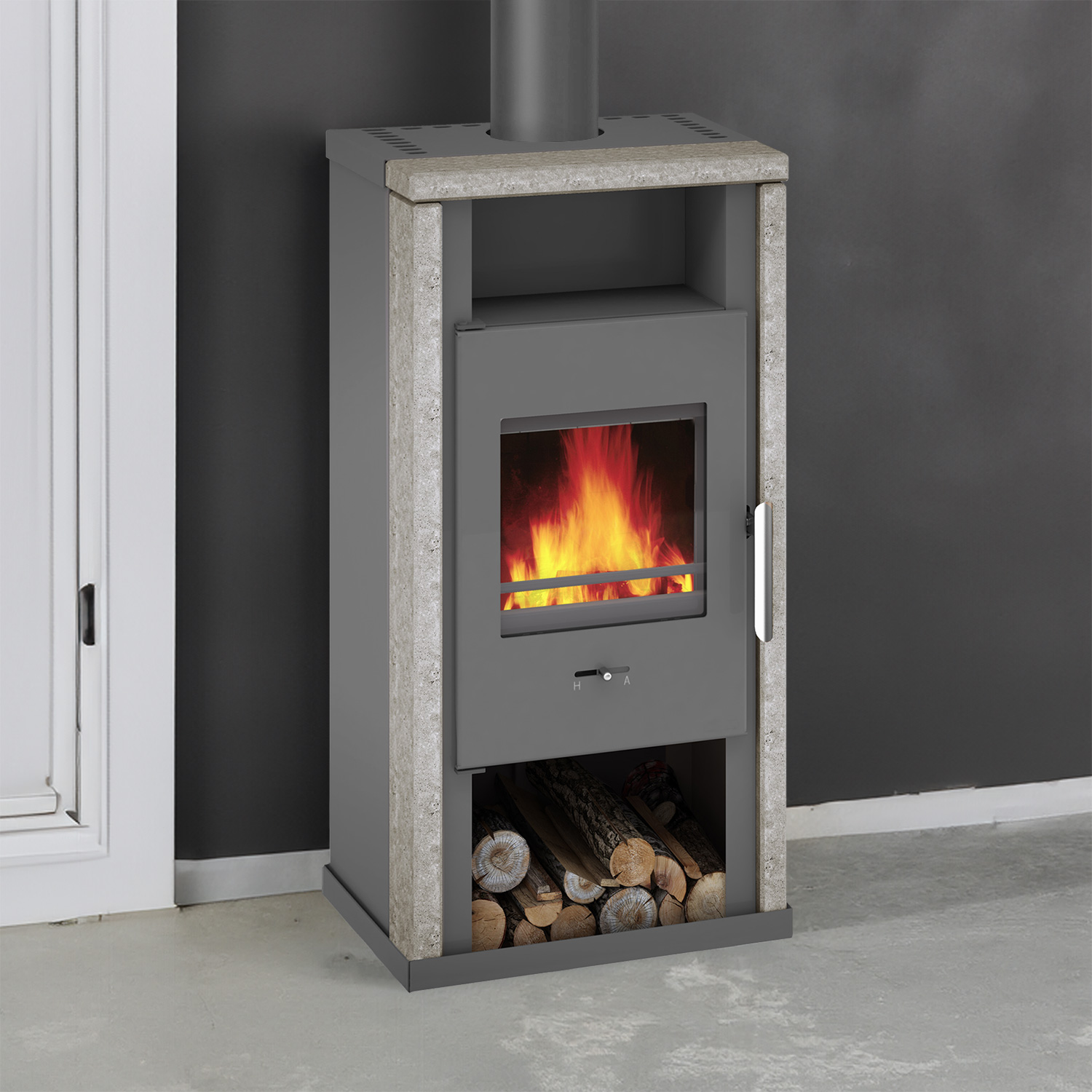 Wamsler Yuna Kaminofen Stahl grau/ Naturstein