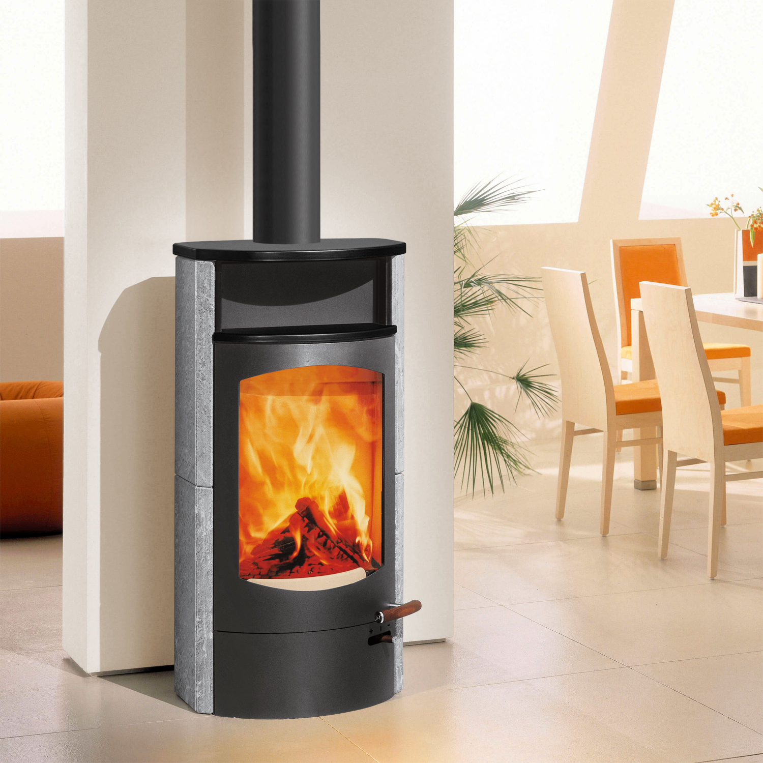 Austroflamm Koko 2.0 Kaminofen Speckstein, Warmhaltefach Keramik Schwarz matt, Topplatte Keramik Schwarz matt, RRA oben