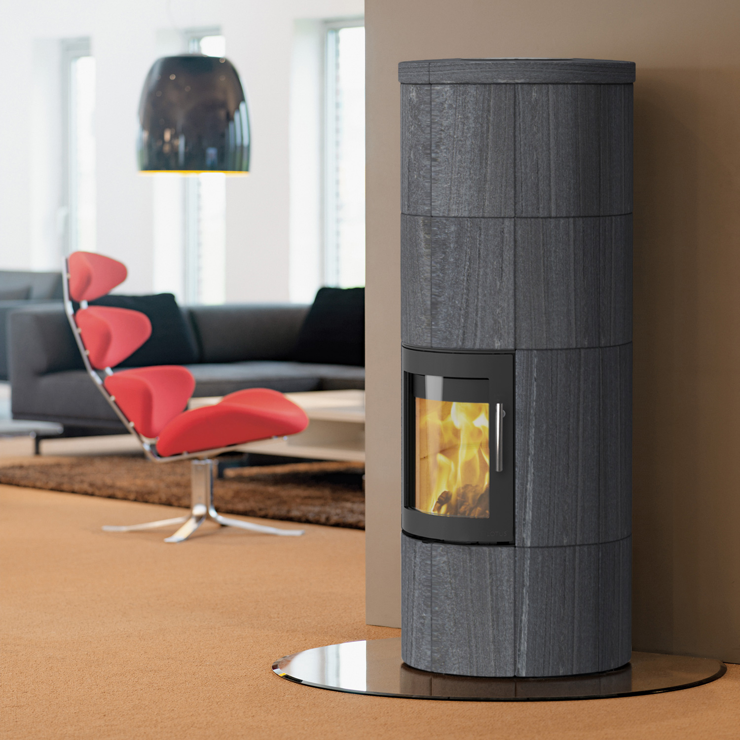 Lotus M2 Kaminofen Schwarz/ Indian Night, Rauchabgang hinten