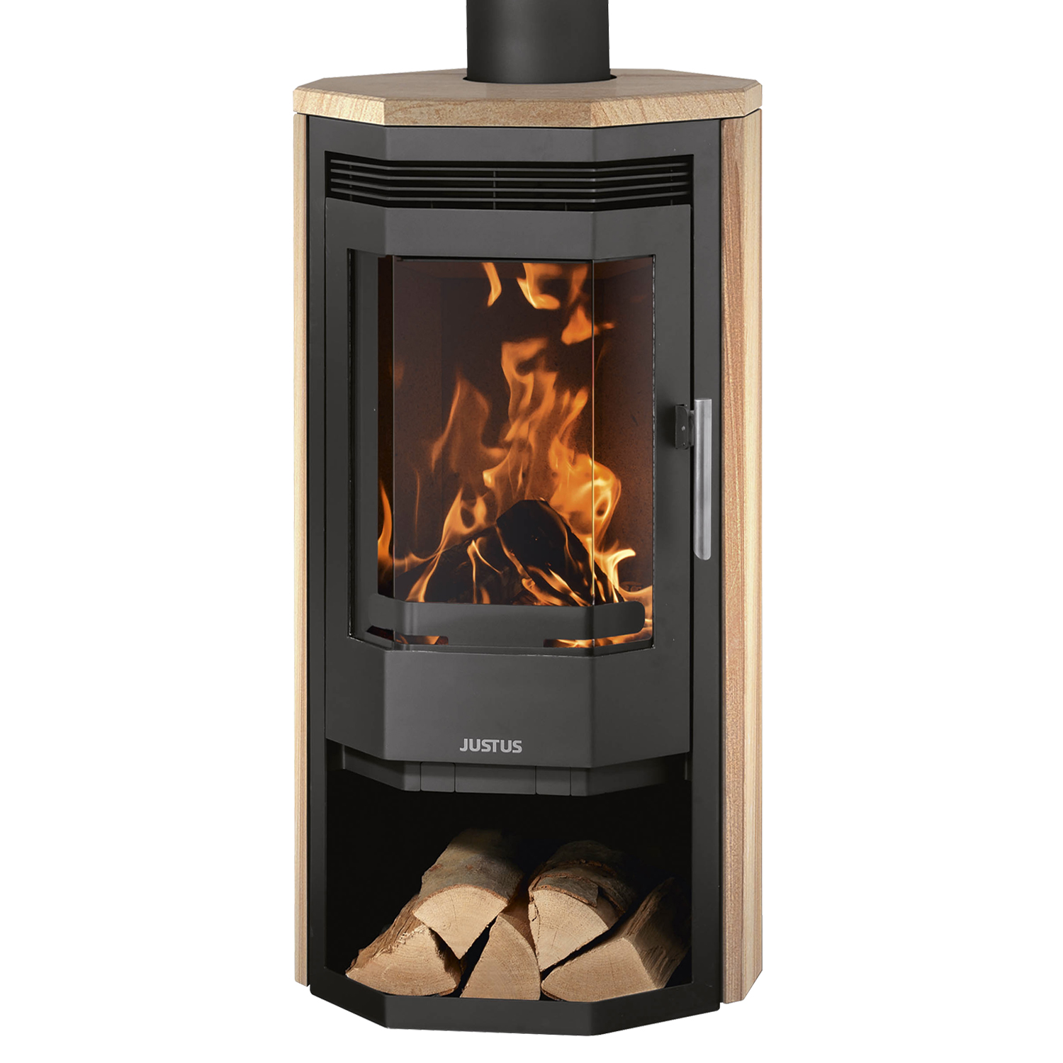 Justus Usedom 5 Kaminofen Stahl Schwarz / Sandstein-Verkleidung Justus Usedom 5 Kaminofen Stahl Schwarz / Sandstein-Verkleidung