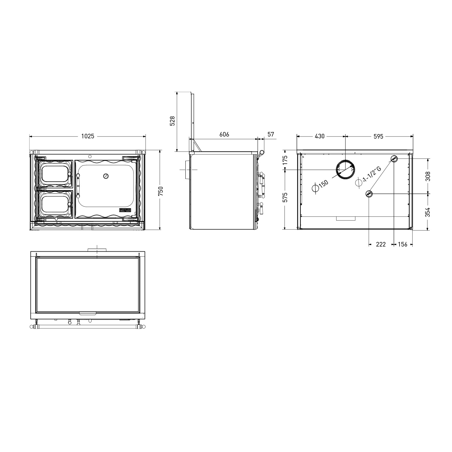 Hergom Deva 100 CC SE Isla wasserführender Küchenofen Gusseisen schwarz, Herdplatte Glaskeramik, RR hinten