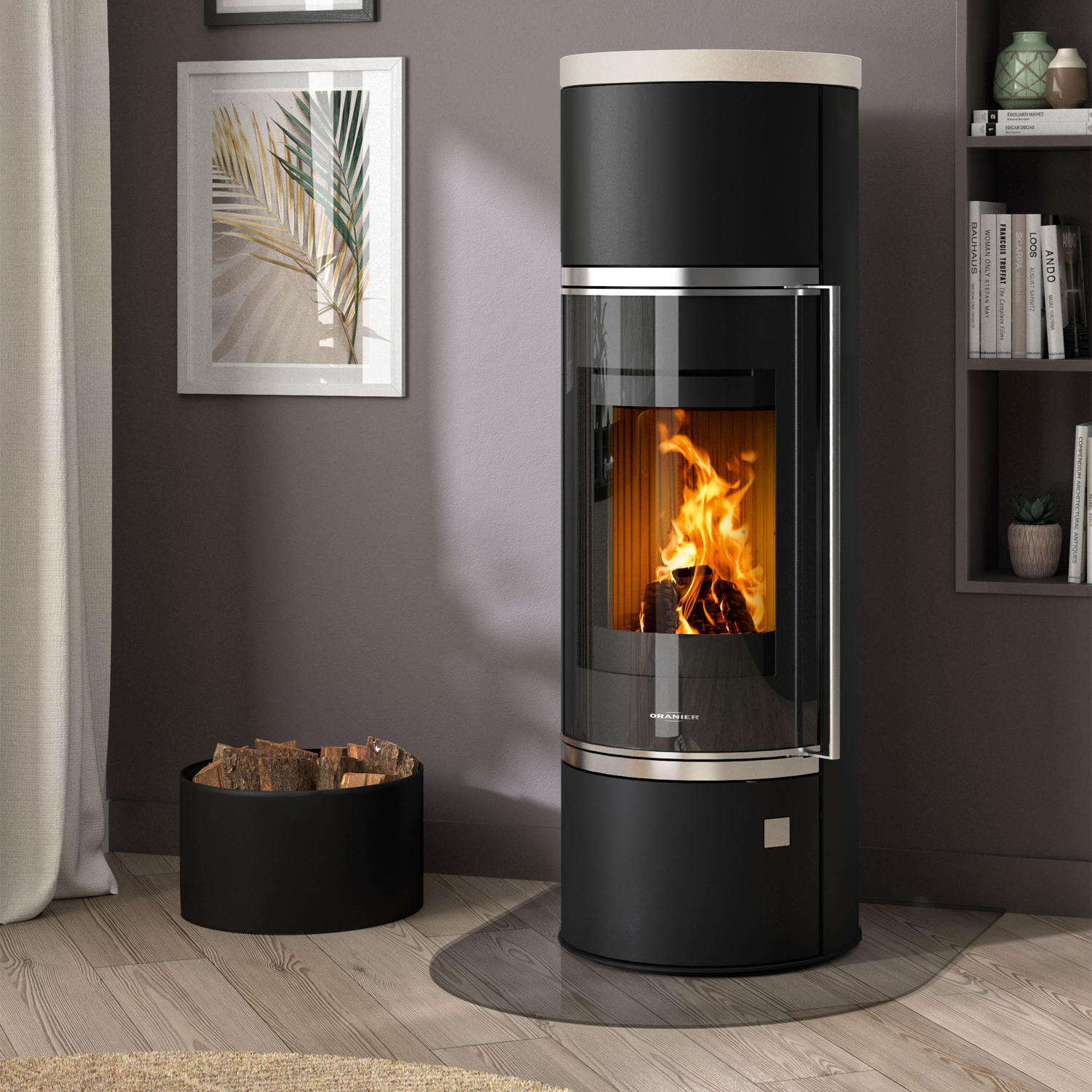 Oranier Arena W+ 2.0 Kaminofen Stahl Schwarz mit Abdeckplatte Kalkstein Cream