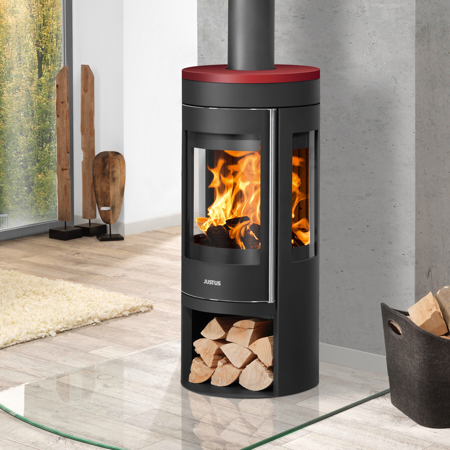 Justus Mino Trios 2.0 Kaminofen Stahl Schwarz mit Keramik-Abdeckplatte Bordeauxrot
