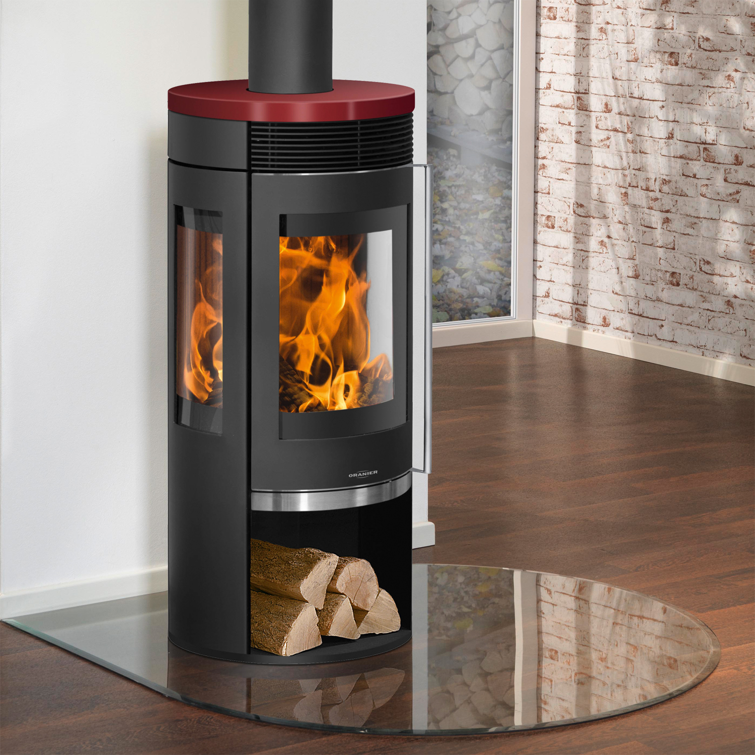 Oranier Rota TRE 2.0 Kaminofen Stahl Schwarz mit Keramik-Abdeckplatte Bordeauxrot
