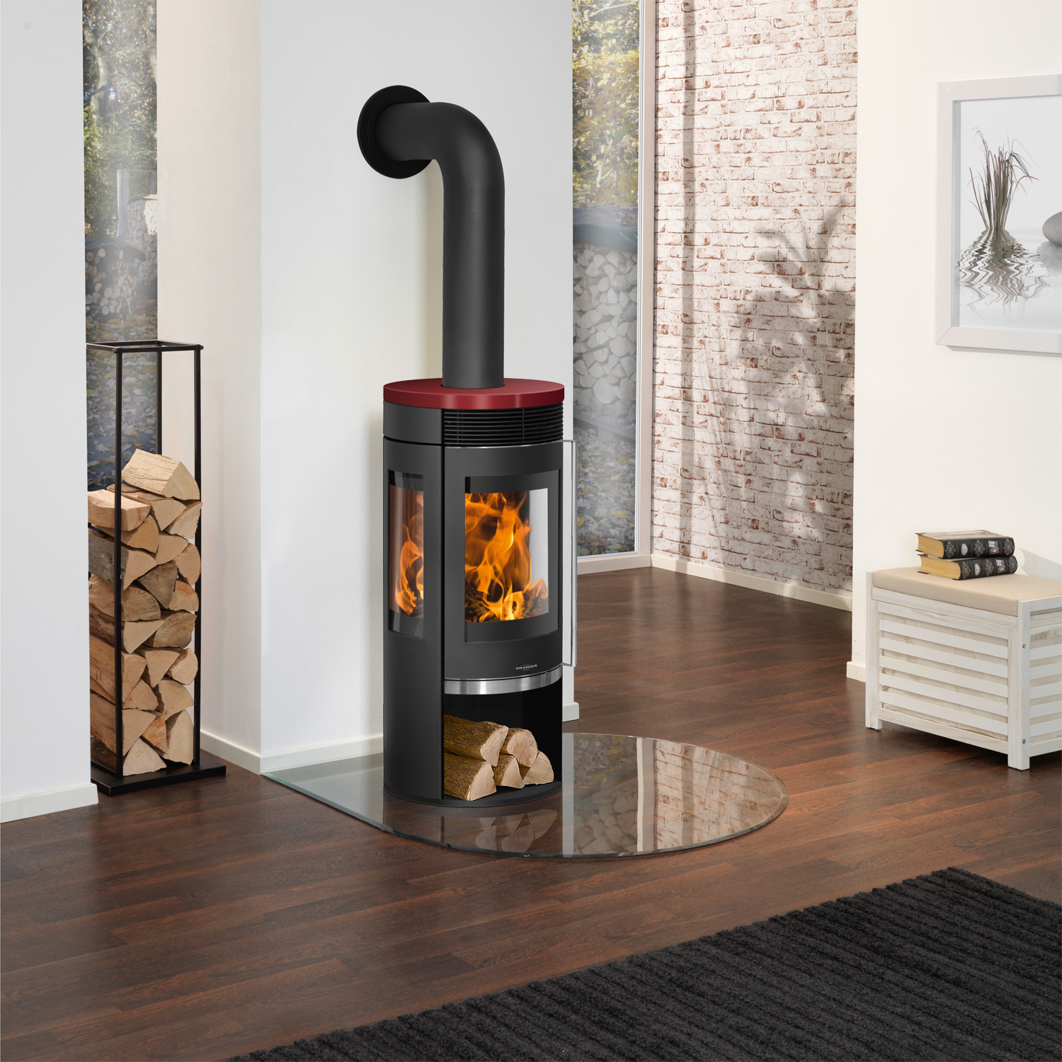 Oranier Rota TRE 2.0 Kaminofen Stahl Schwarz mit Keramik-Abdeckplatte Bordeauxrot