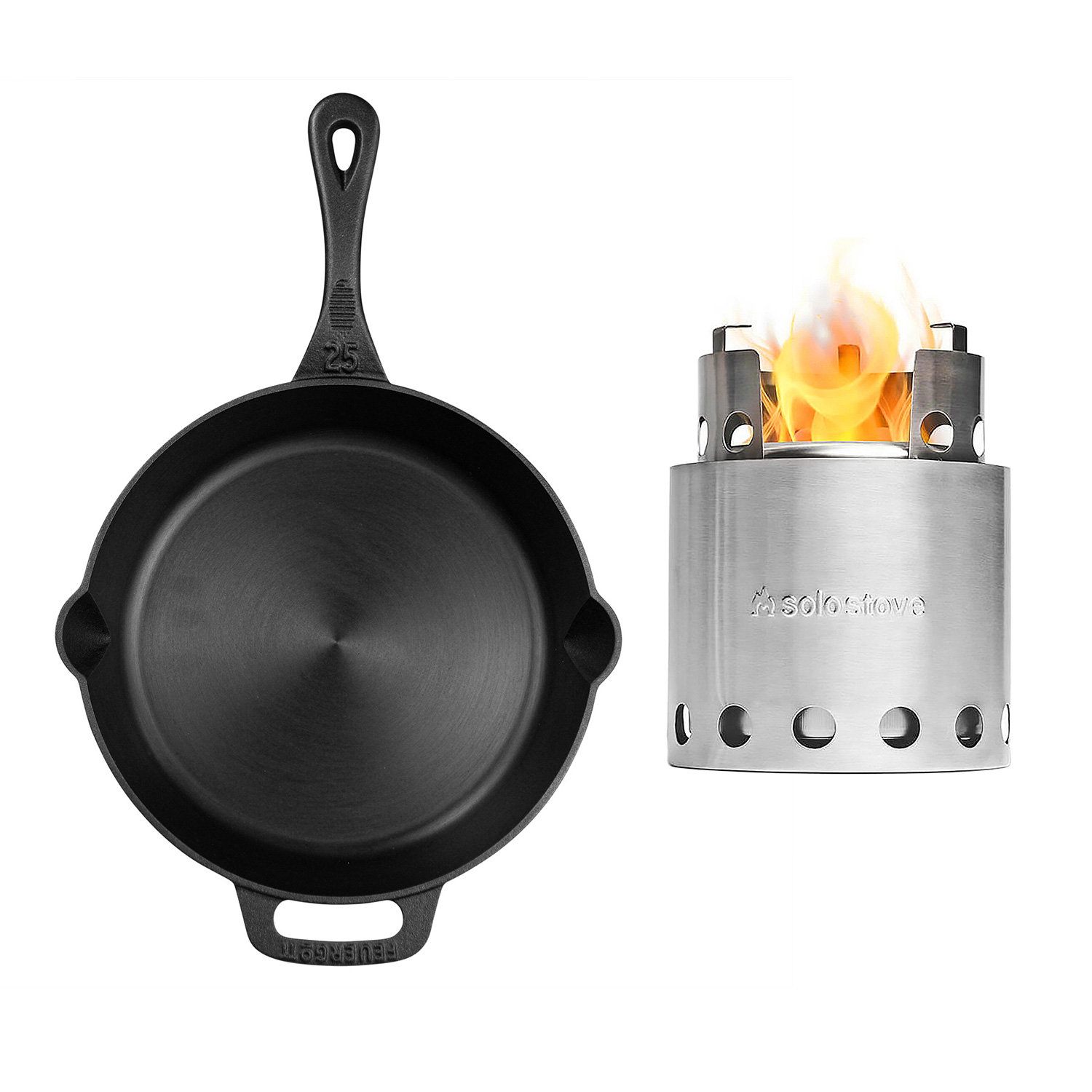 FEUERGOTT Feuerpfanne 25 mit Stiel Schwarz + Solo Stove Lite Campingkocher