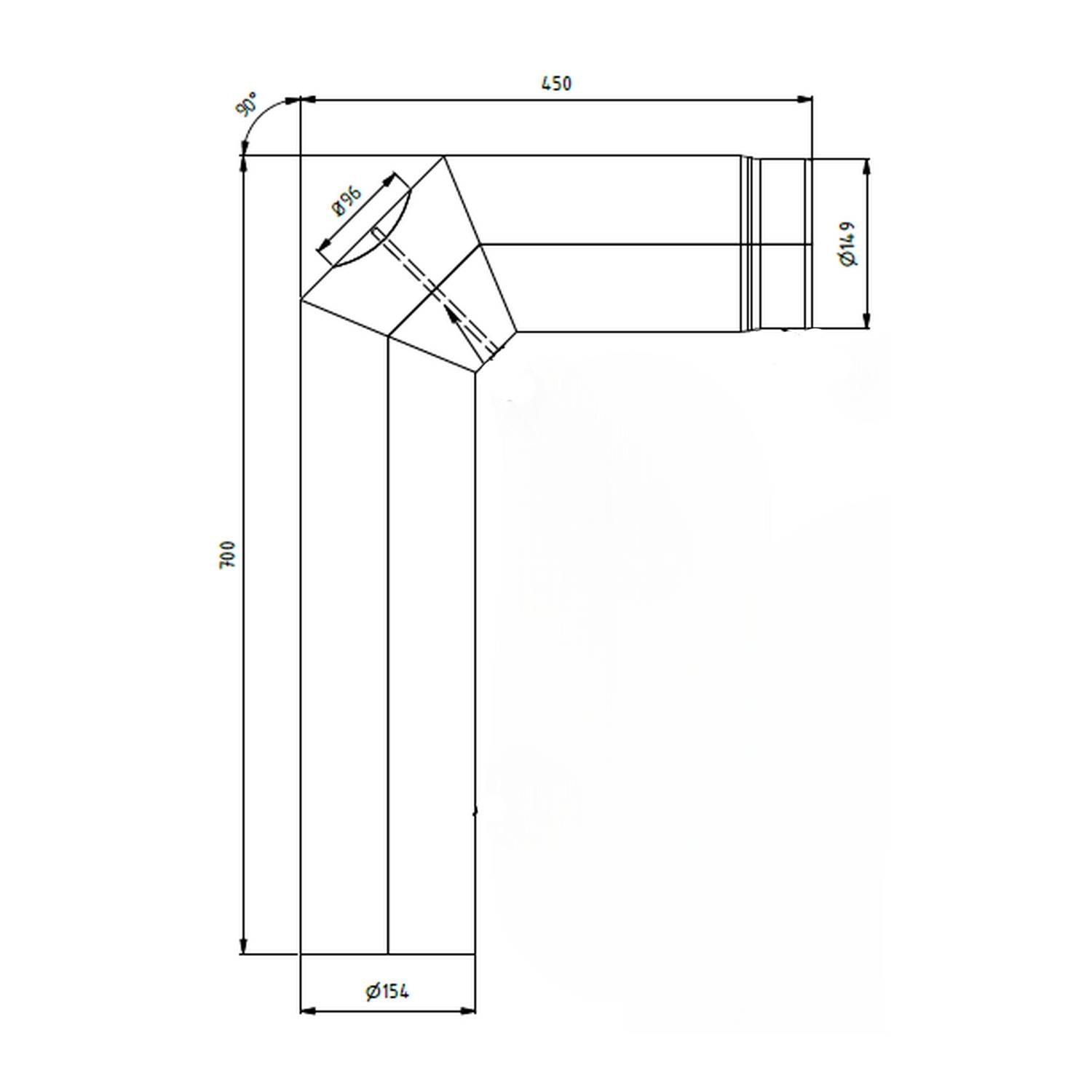 Raik Lifestyle Winkelbogen Durchmesser 150/90° 2,00mm 3-tlg 700/450 mit eingelegter Tür schwarz für Rauchrohr/ Ofenrohr