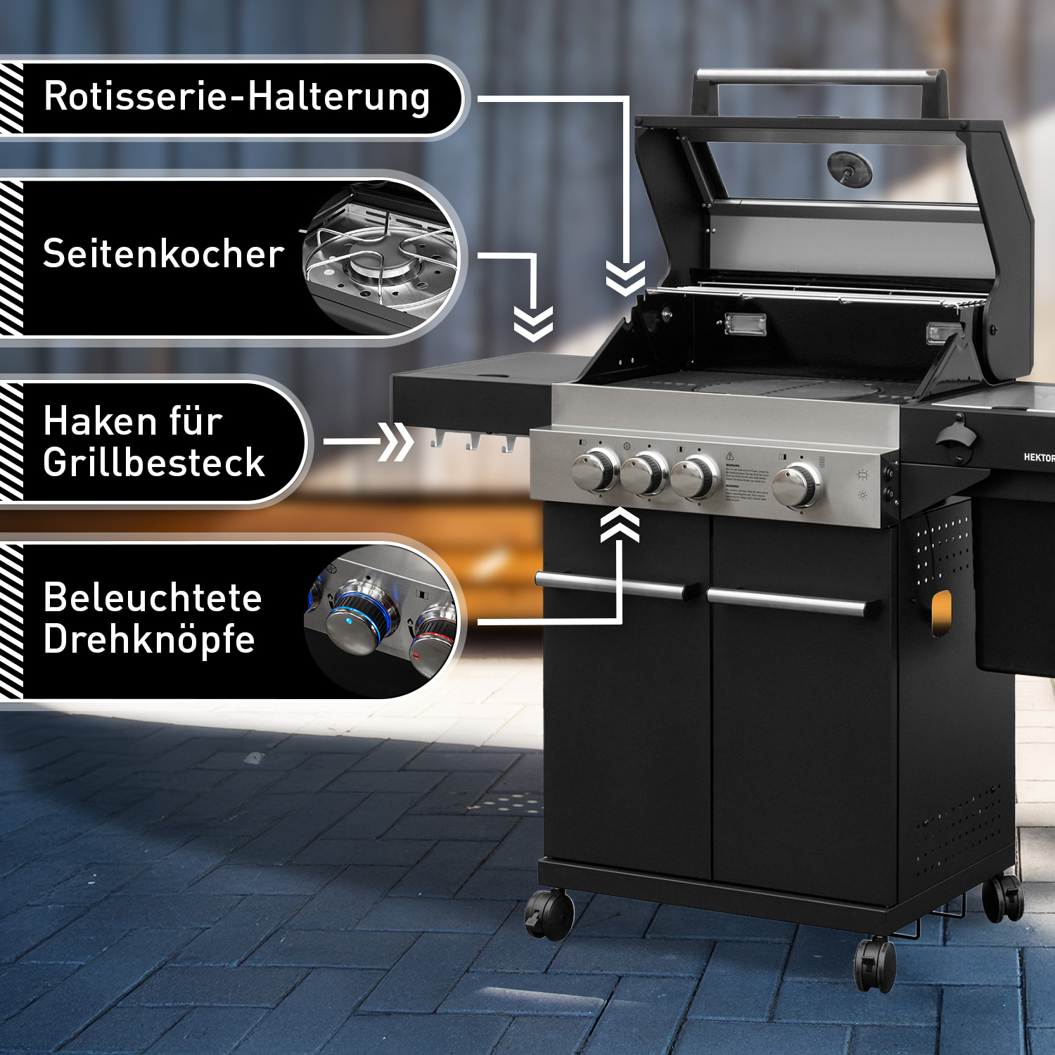 Feuergott Gas-Grillstation Hektor 3B-S All Inclusive mit Abdeckhaube, Drehspieß und 4-teiligem Grillbesteck