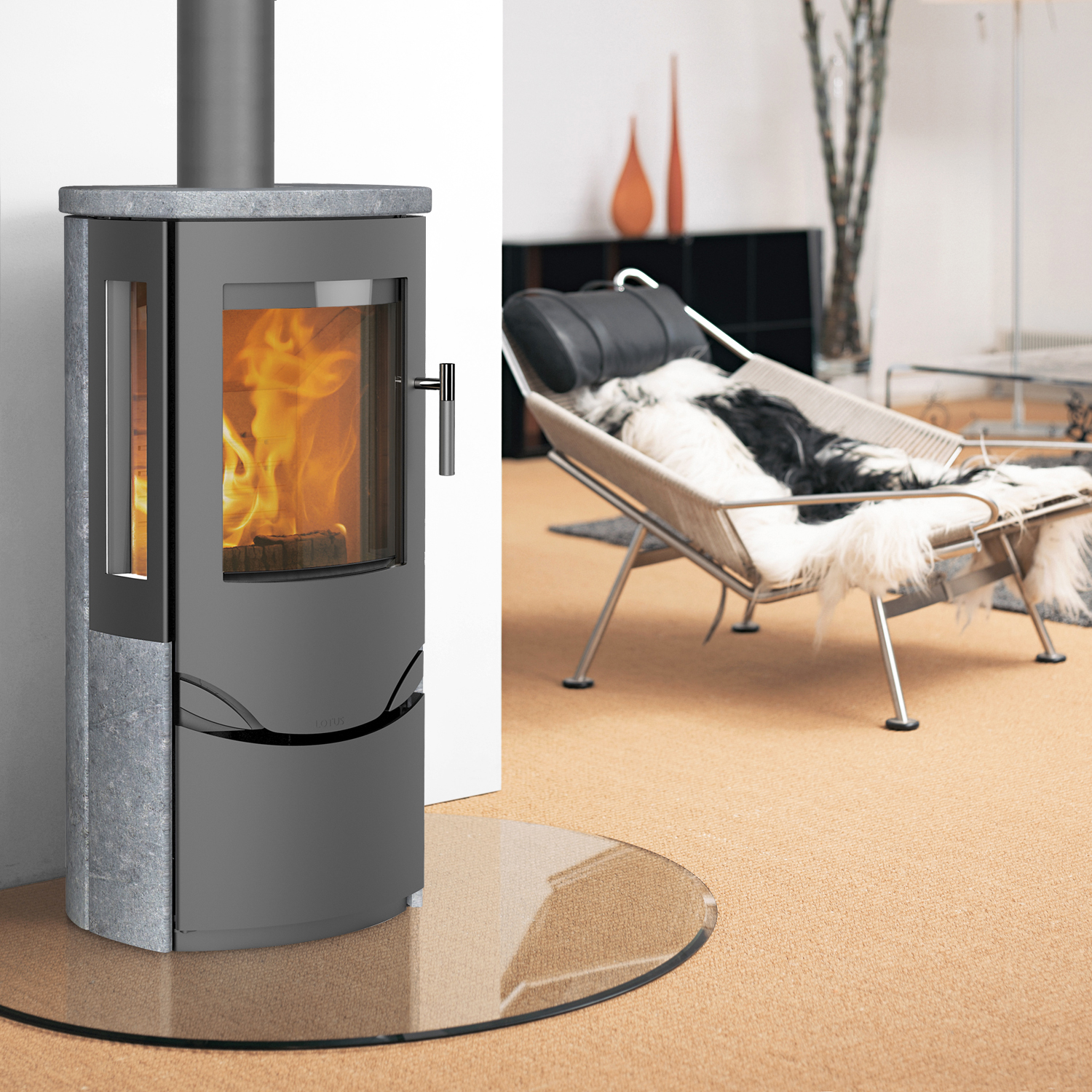 Lotus Prio 6 Kaminofen Grau/ Speckstein / Seitenglas, RR hinten od. RR oben