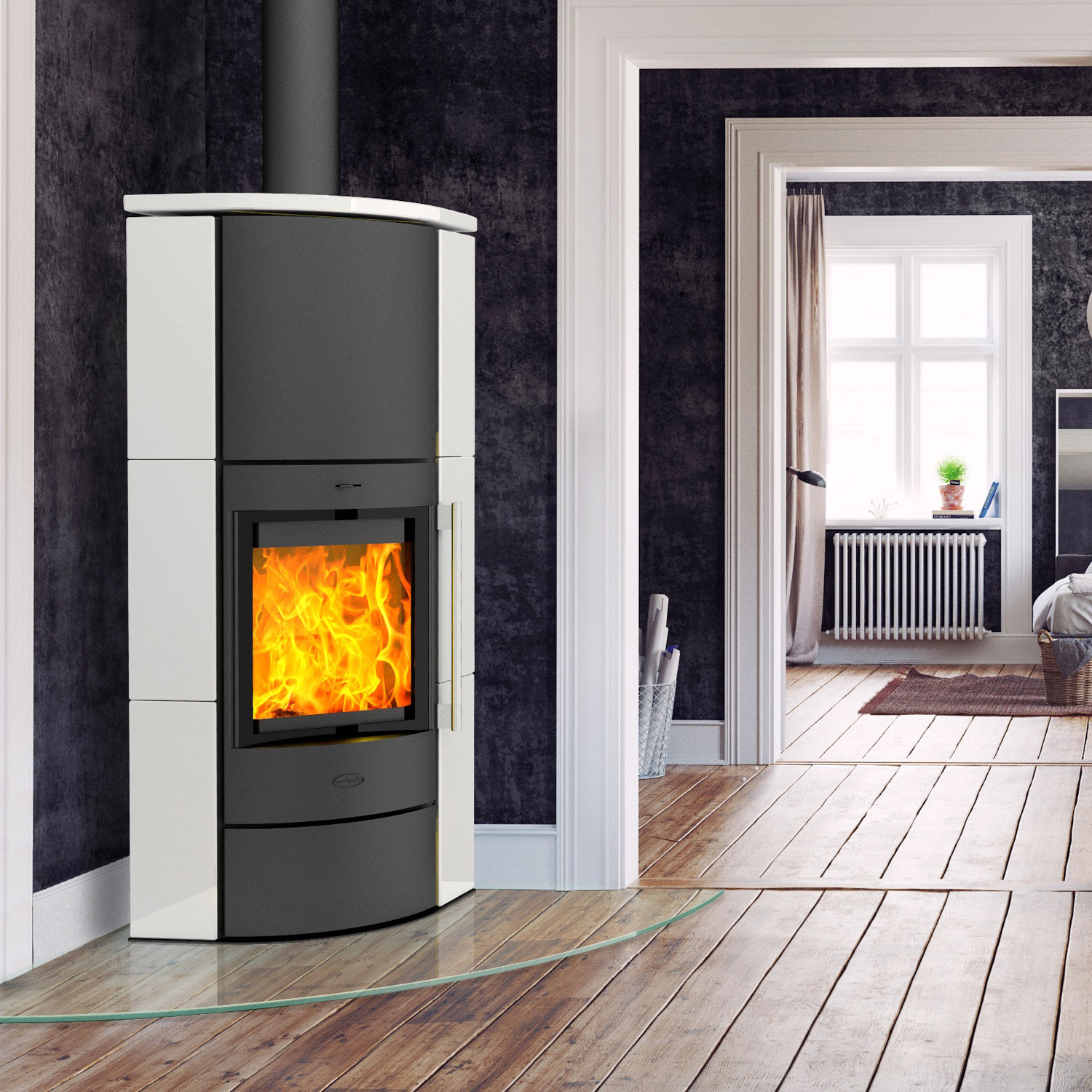 Fireplace Adelaide Eckkaminofen Stahl Schwarz | Keramik Mattweiß Fireplace Adelaide Eckkaminofen Stahl Schwarz | Keramik Mattweiß