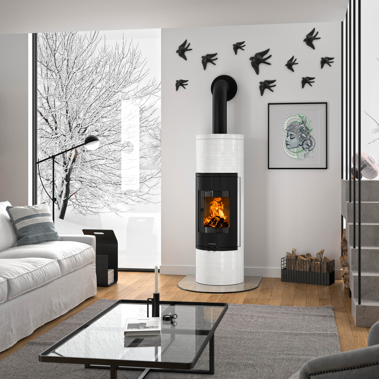 Oranier Arkona W+ 2.0 Kaminofen Stahl Schwarz / Keramik Kreideweiß, gebürstet