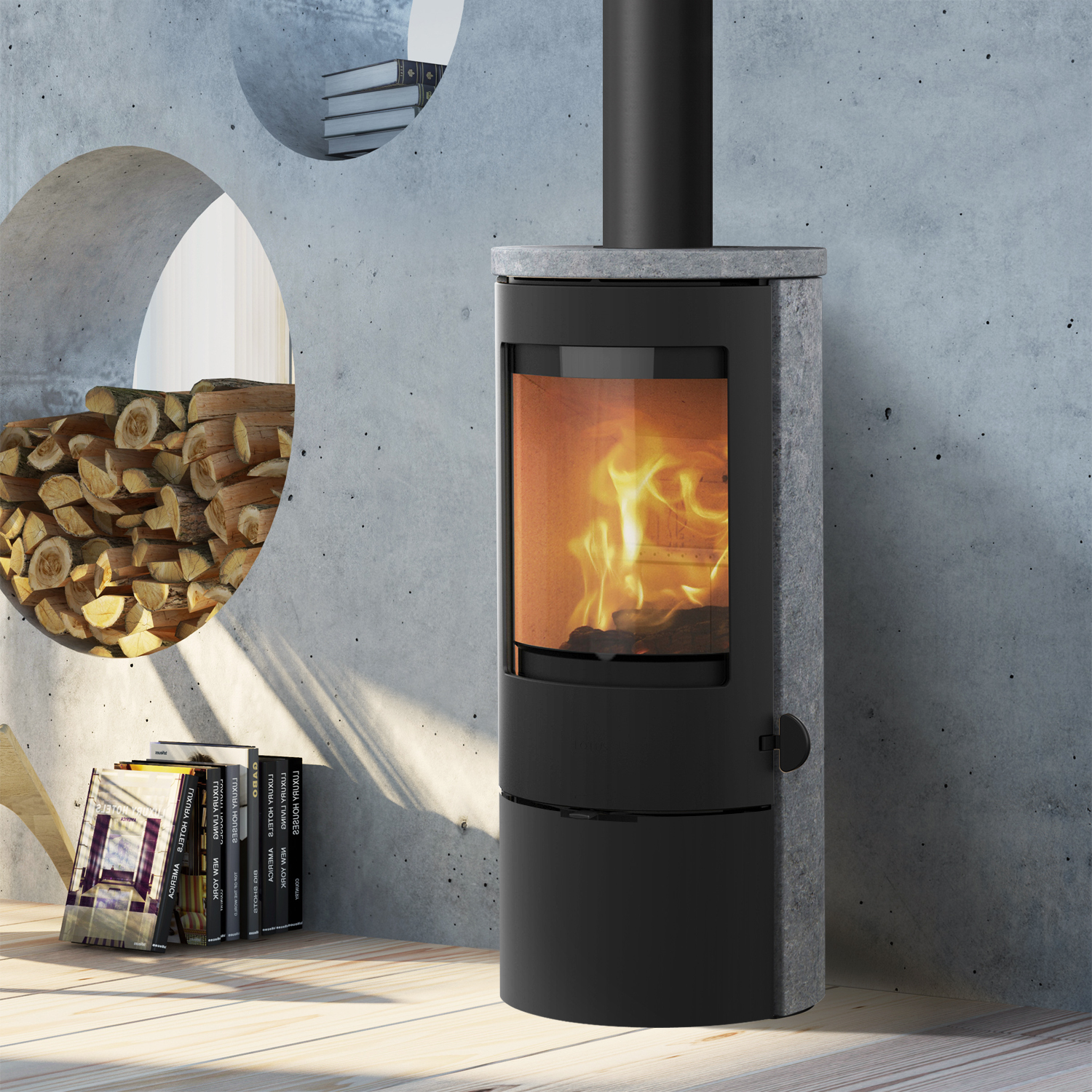 Lotus Prestige Basic S Kaminofen Speckstein, Tür Schwarz, Rauchabgang oben