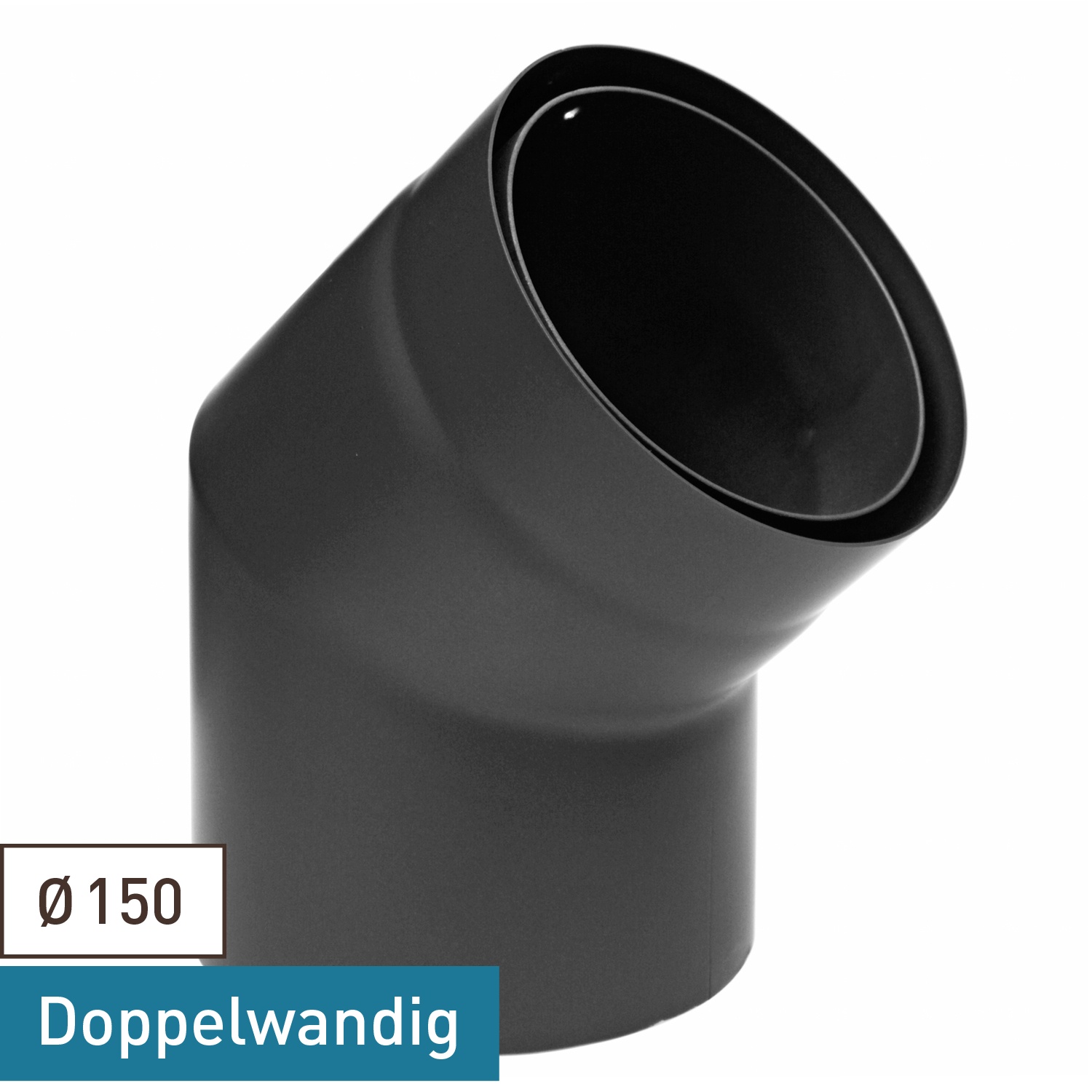 Raik Izoker Rauchrohrbogen 150mm schwarz doppelwandig 45° ohne Tür für Rauchrohr / Ofenrohr