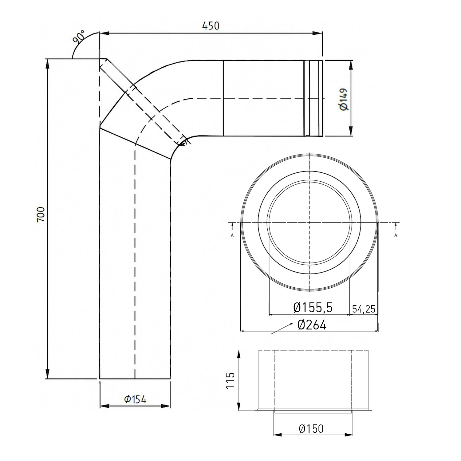 Raik Lifestyle Set Winkelbogen 150mm grau 90° 3-tlg mit Tür für Rauchrohr / Ofenrohr