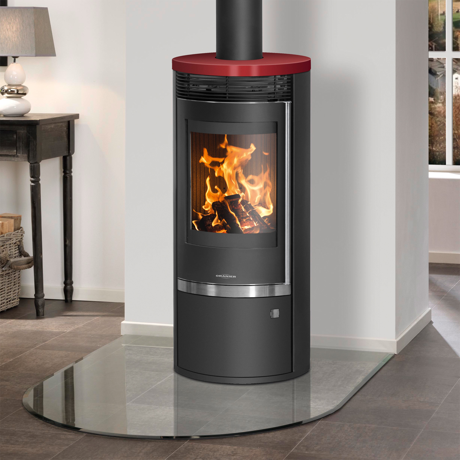 Oranier Rota Top 2.0 Kaminofen Stahl Schwarz mit Abdeckplatte Keramik Bordeauxrot