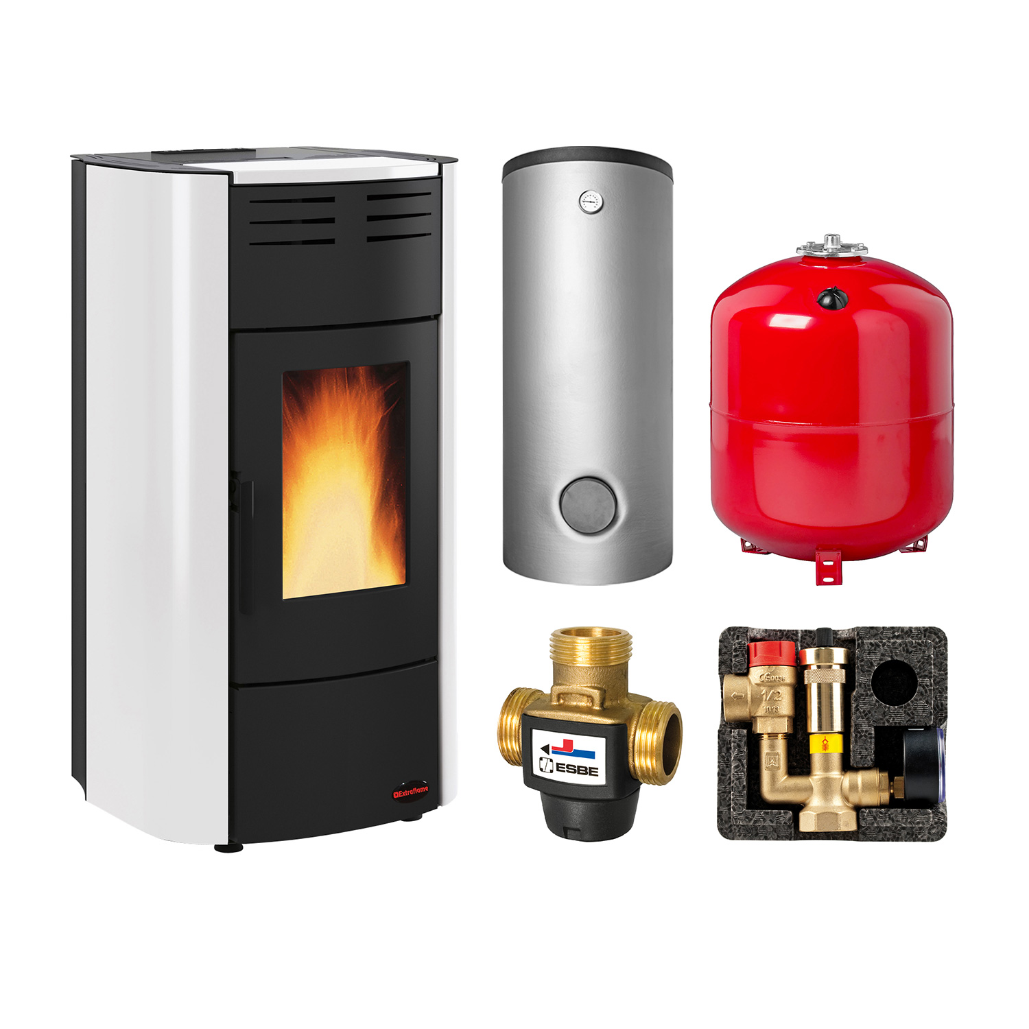 Extraflame Raffaella Idro H15 Stahl Weiß Set + Pufferspeicher TPSM 825