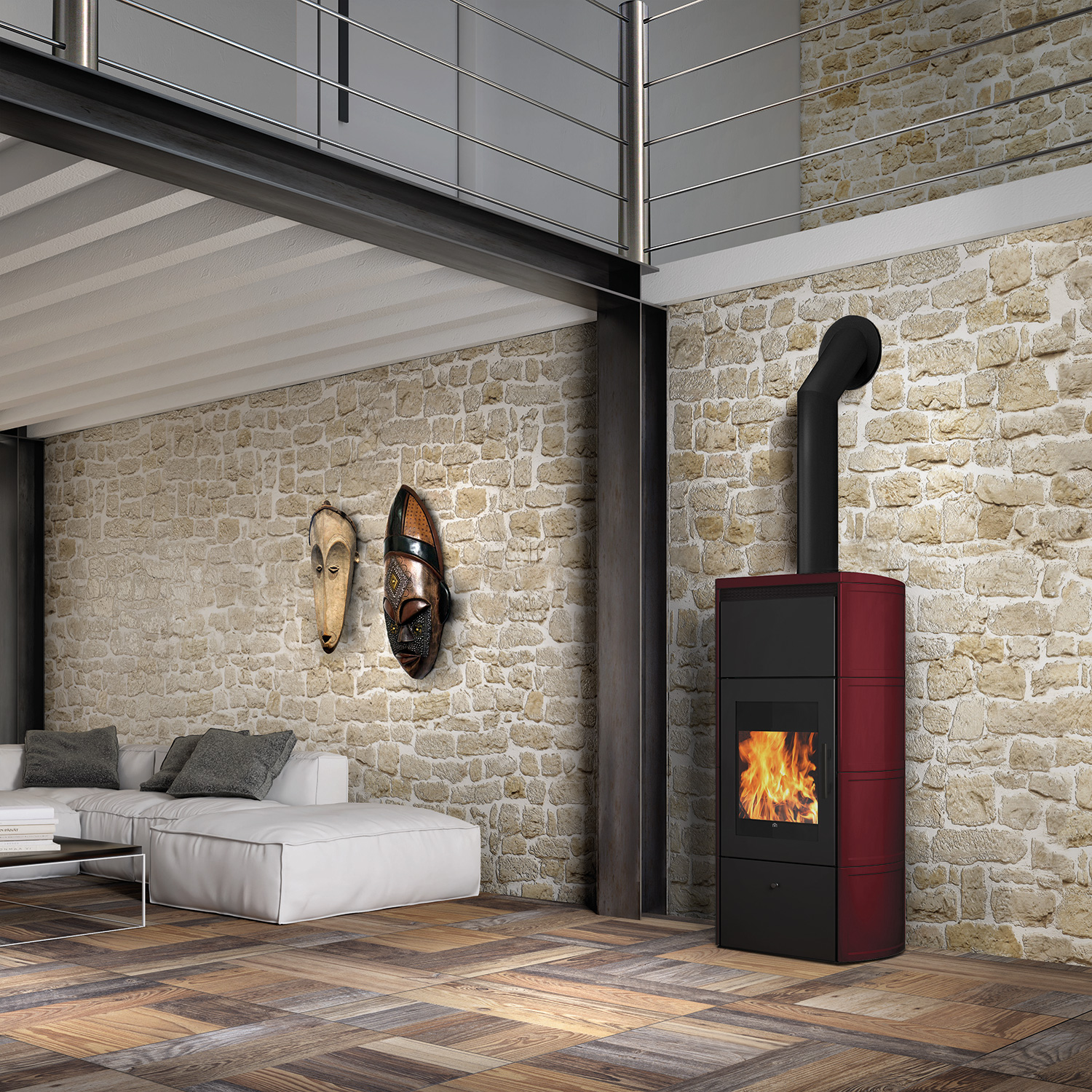 Edilkamin Flamma 14 CS Wasserführender Kaminofen Keramik Bordeaux