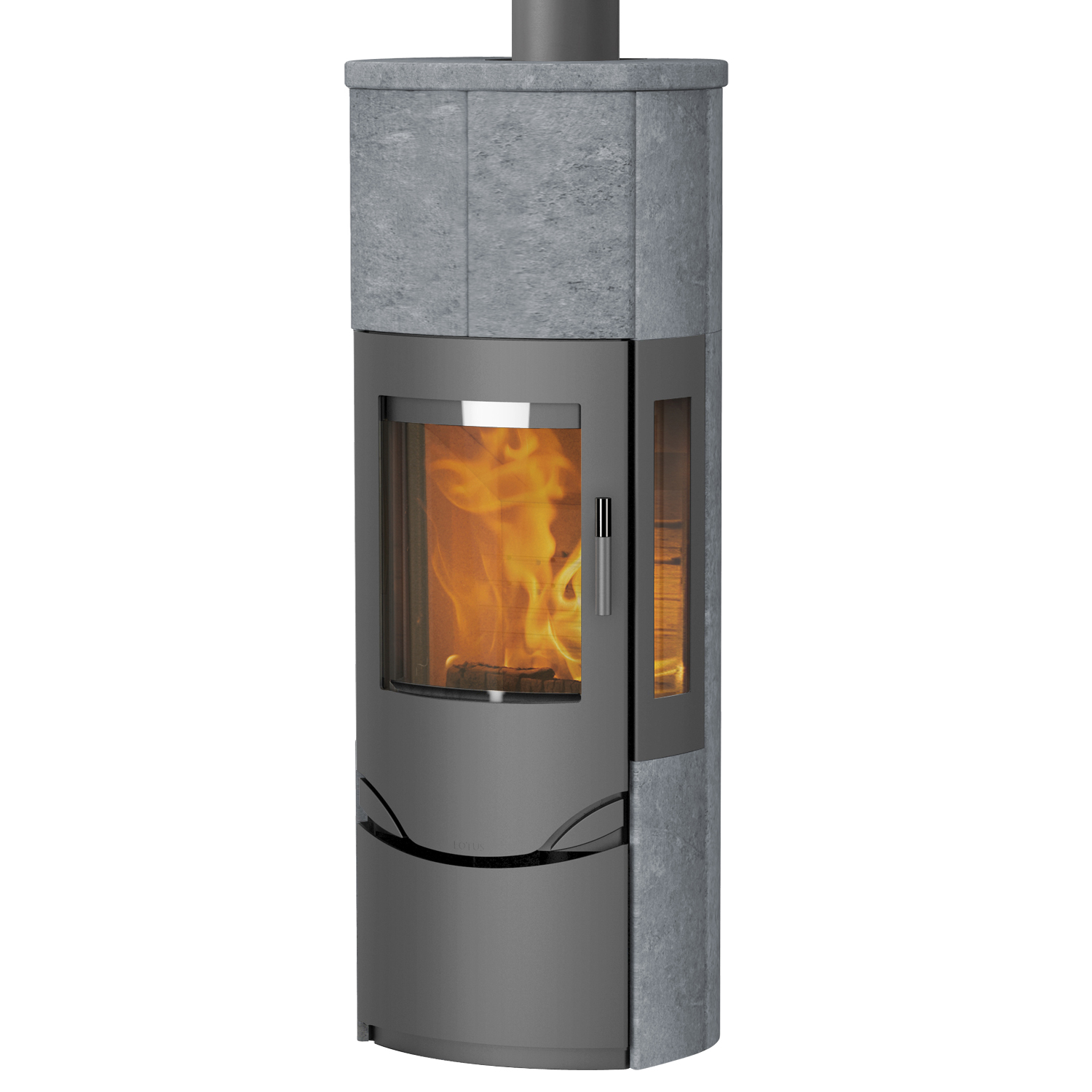 Lotus Prio M Kaminofen Grau / Speckstein / Seitenglas, inkl. PowerStones, RR hinten od. RR oben
