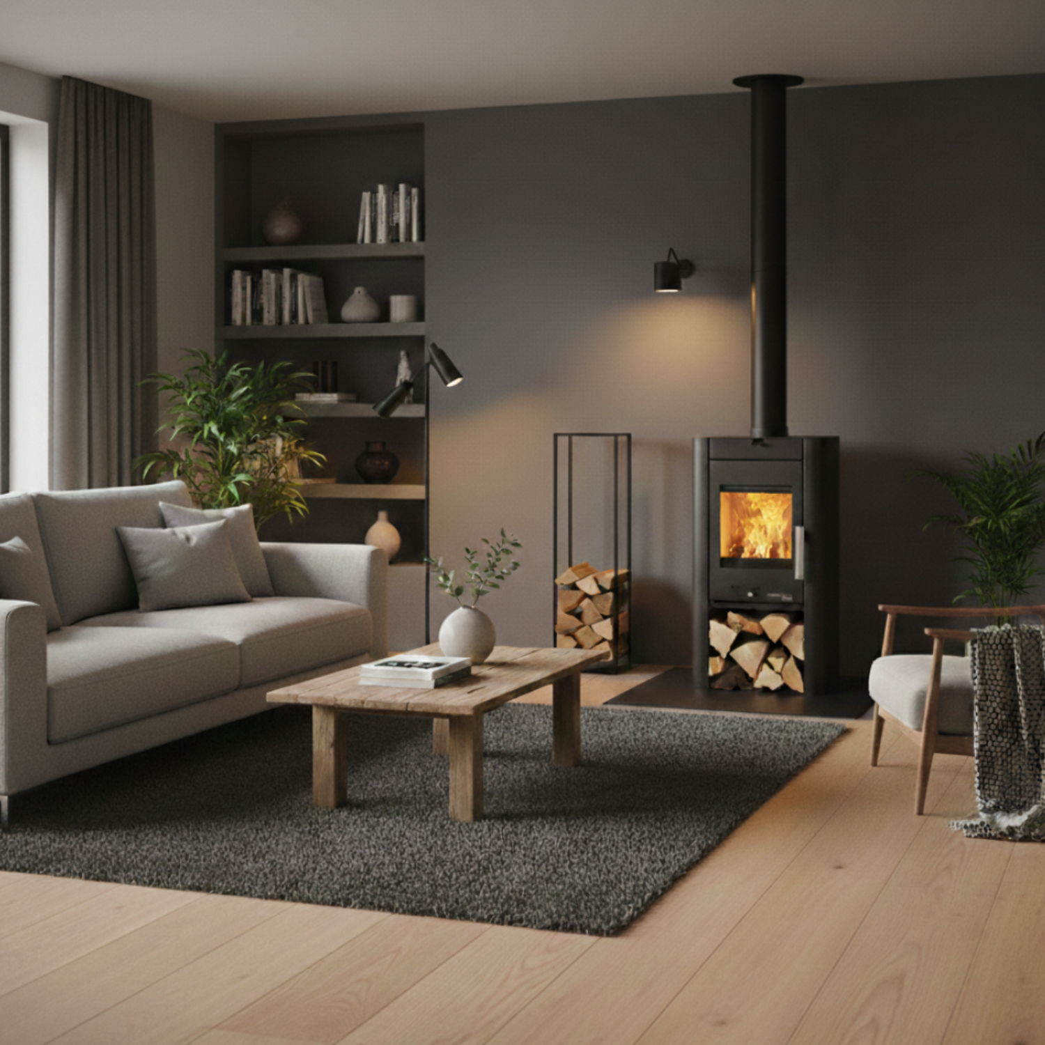 Haas+Sohn PRUNUS II Kaminofen Stein tief-schwarz, Serpentino mit Holzfach