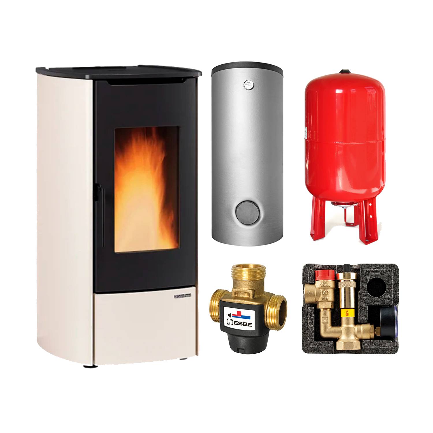 Extraflame Marina Idro 16. H11 wasserführender Pelletofen Stahl Elfenbein - THKE 600 Kombi-Speicher montiert silber 1x WT -Heizungsausdehnungsgefäß 80 L