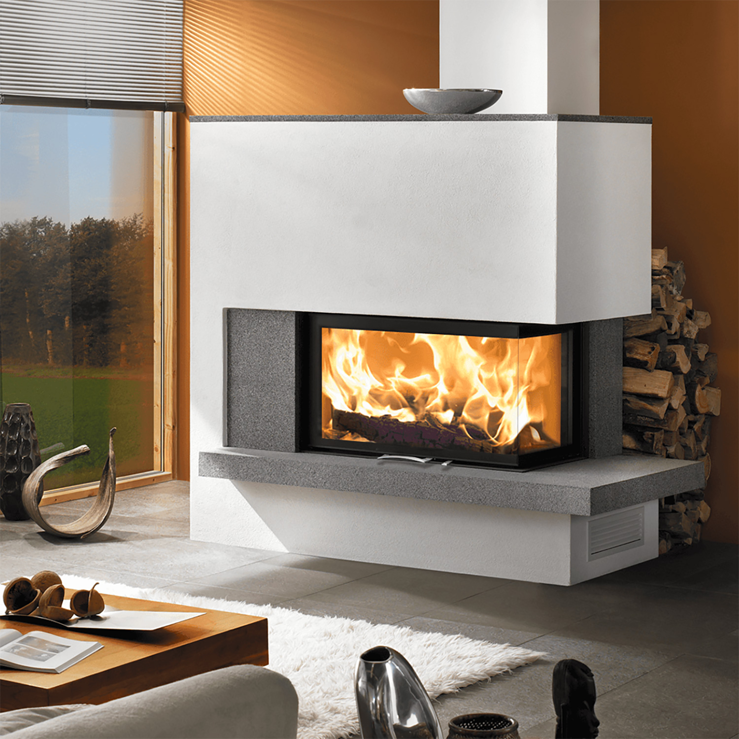 Austroflamm 89x49x57 S 3.0 Eck-Kamineinsatz rechts inkl. Schiebetür, Keramott schwarz