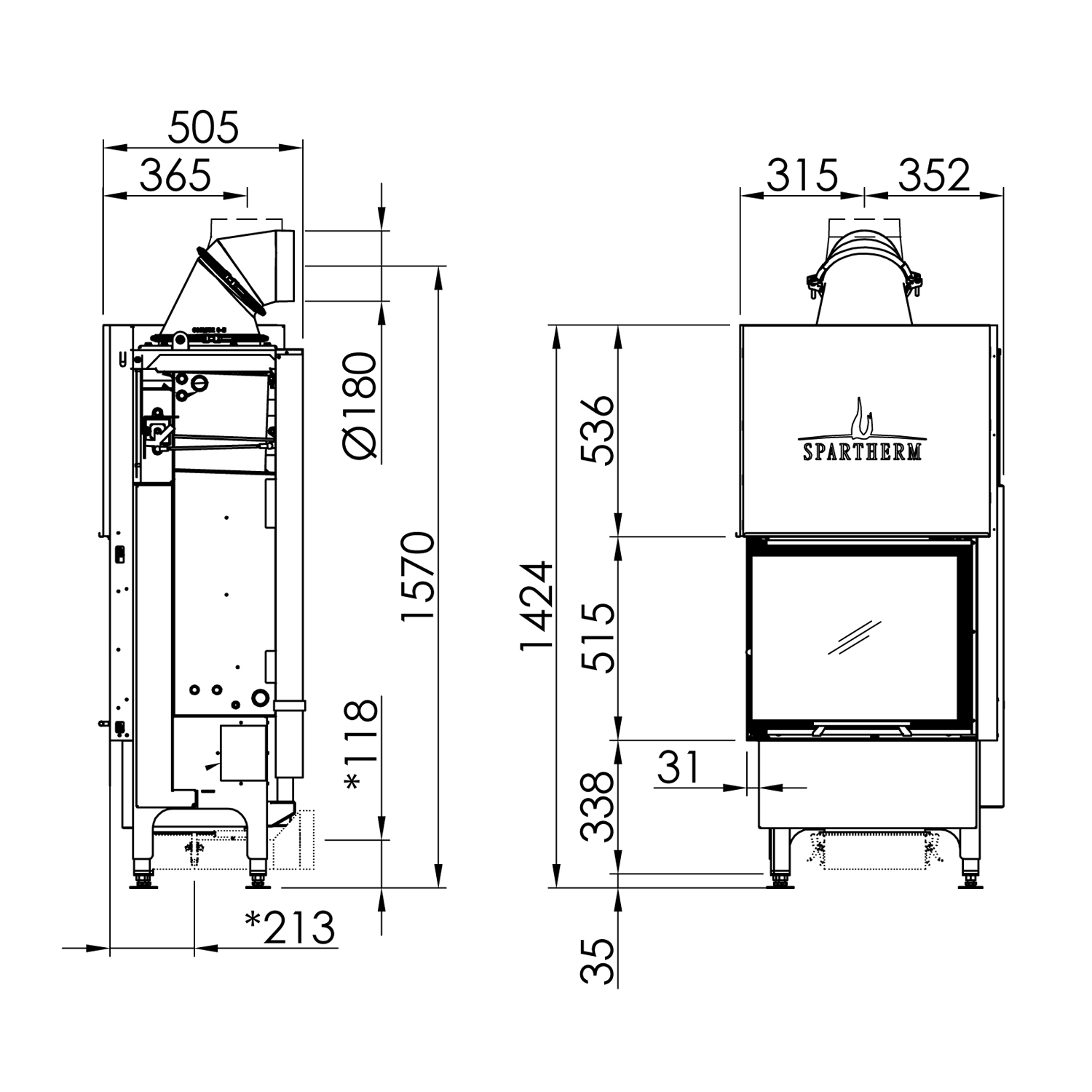 Spartherm Varia 2R-55h H2O Kamineinsatz wasserführend Ecke