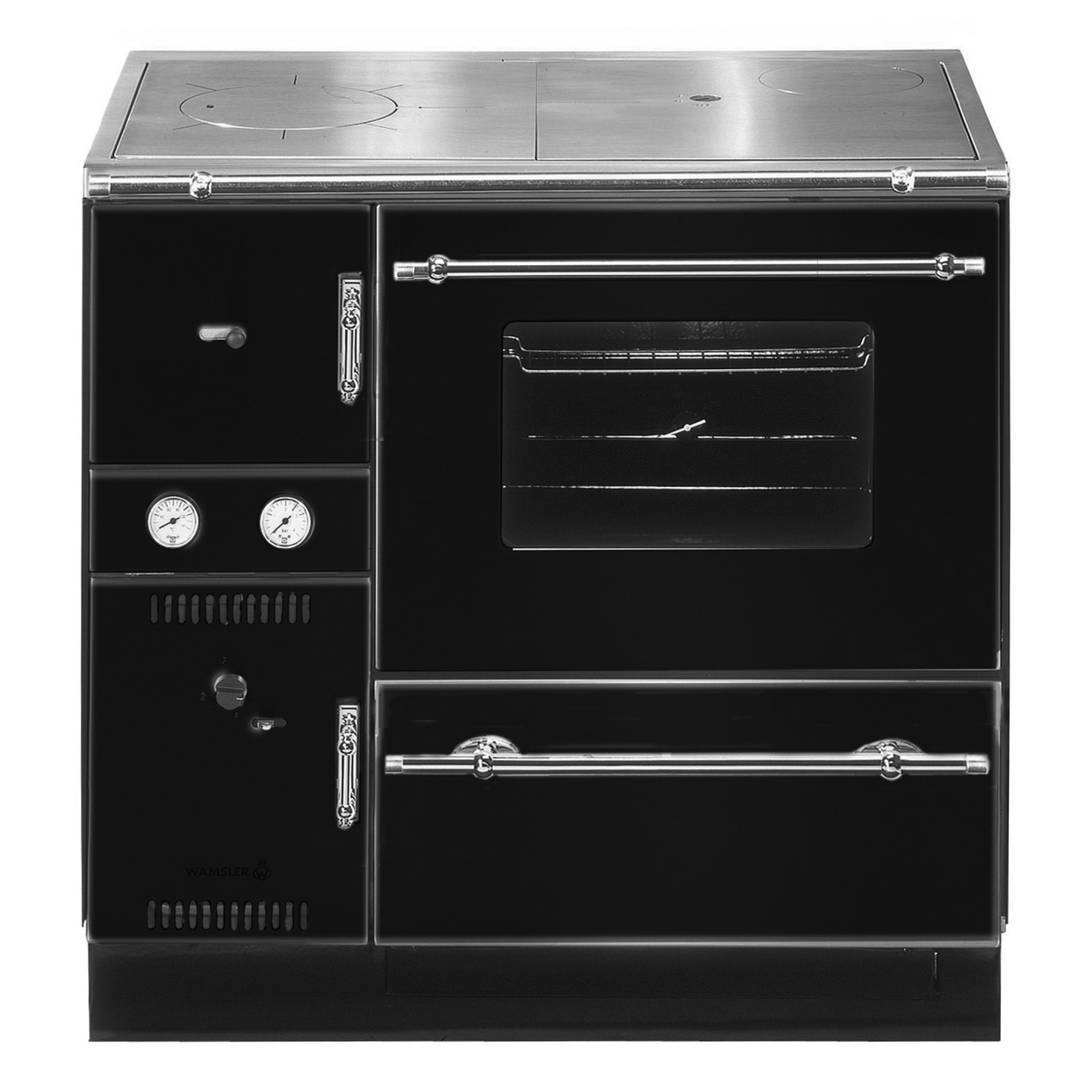 Wamsler K 148 CL Küchenofen wasserführend Schwarz / Chrom, Rauchrohr rechts Wamsler K 148 CL Küchenofen wasserführend Schwarz / Chrom, Rauchrohr rechts