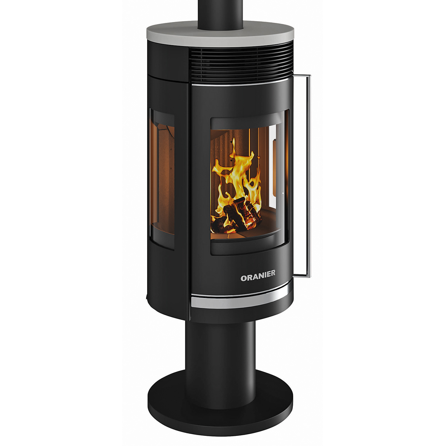 Oranier Rota Twist Kaminofen Stahl Schwarz / Topplatte Kalkstein Bianco