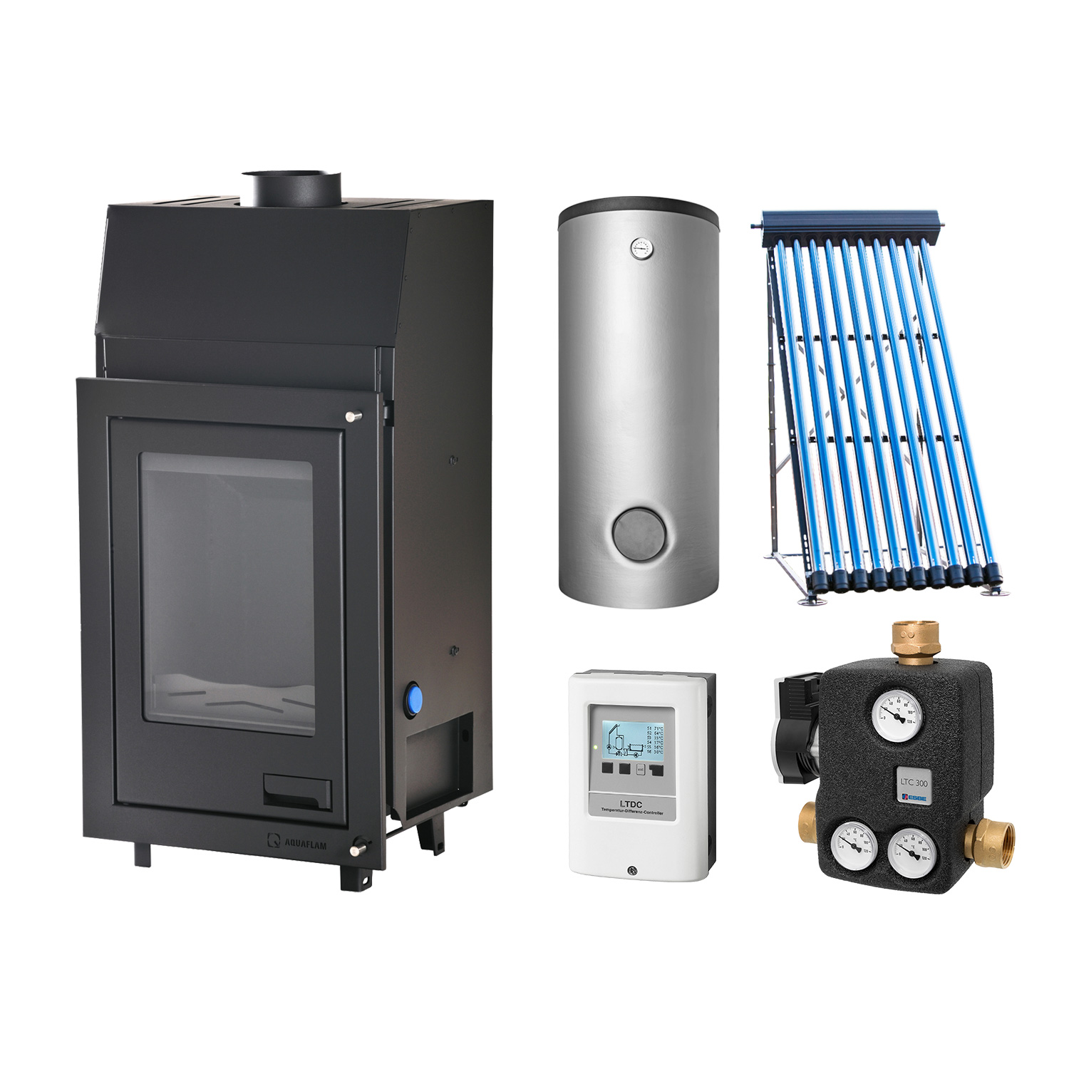 Aquaflam 12 Basic Wasserführender Kamineinsatz Komplett-Set + Solarthermie-Set 2 (11 m²) + Hygienespeicher SHS 550 + 1 SWT