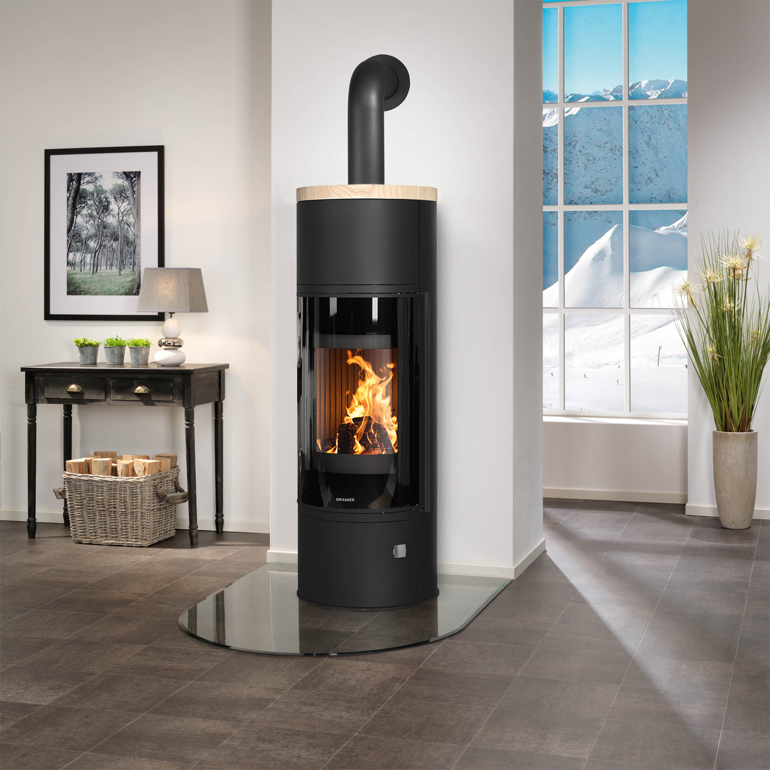 Oranier Arena Aqua 2.0 wasserführender Kaminofen Stahl Schwarz mit Abdeckplatte Sandstein