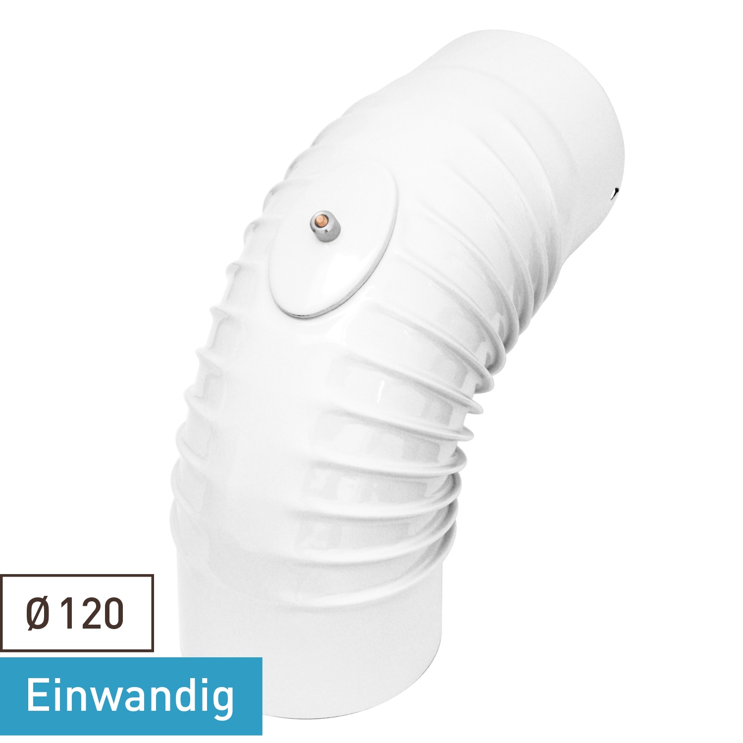 Raik Rauchrohrbogen / Ofenrohrbogen Emaille 120mm - 90° Bogen gerippt Weiß mit Reinigungsöffnung