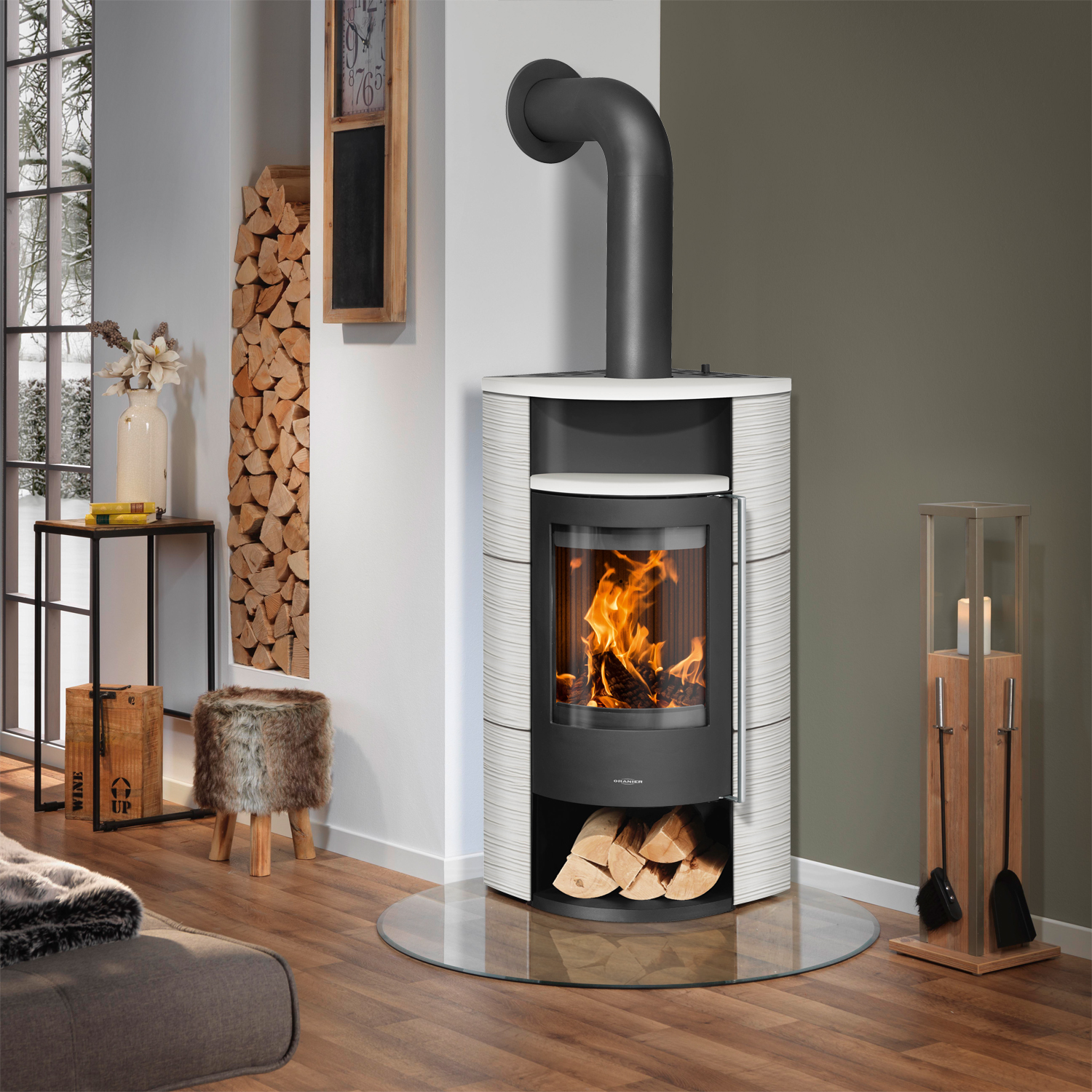 Oranier Polar Neo Eck Kaminofen Stahl Schwarz / Keramik Seidenweiß