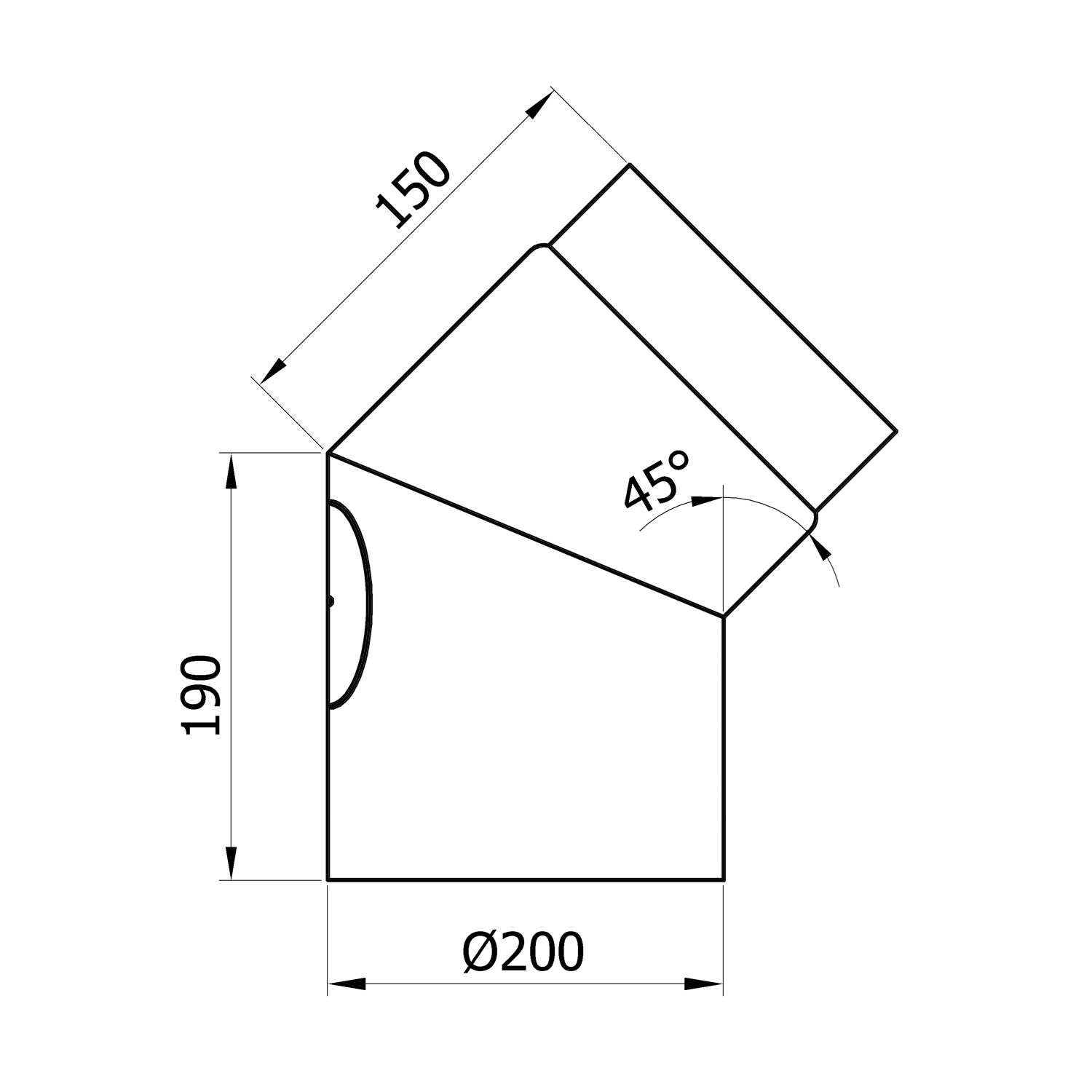 Raik Rauchrohrbogen / Ofenrohr 200mm - 45° mit Reinigungsöffnung schwarz