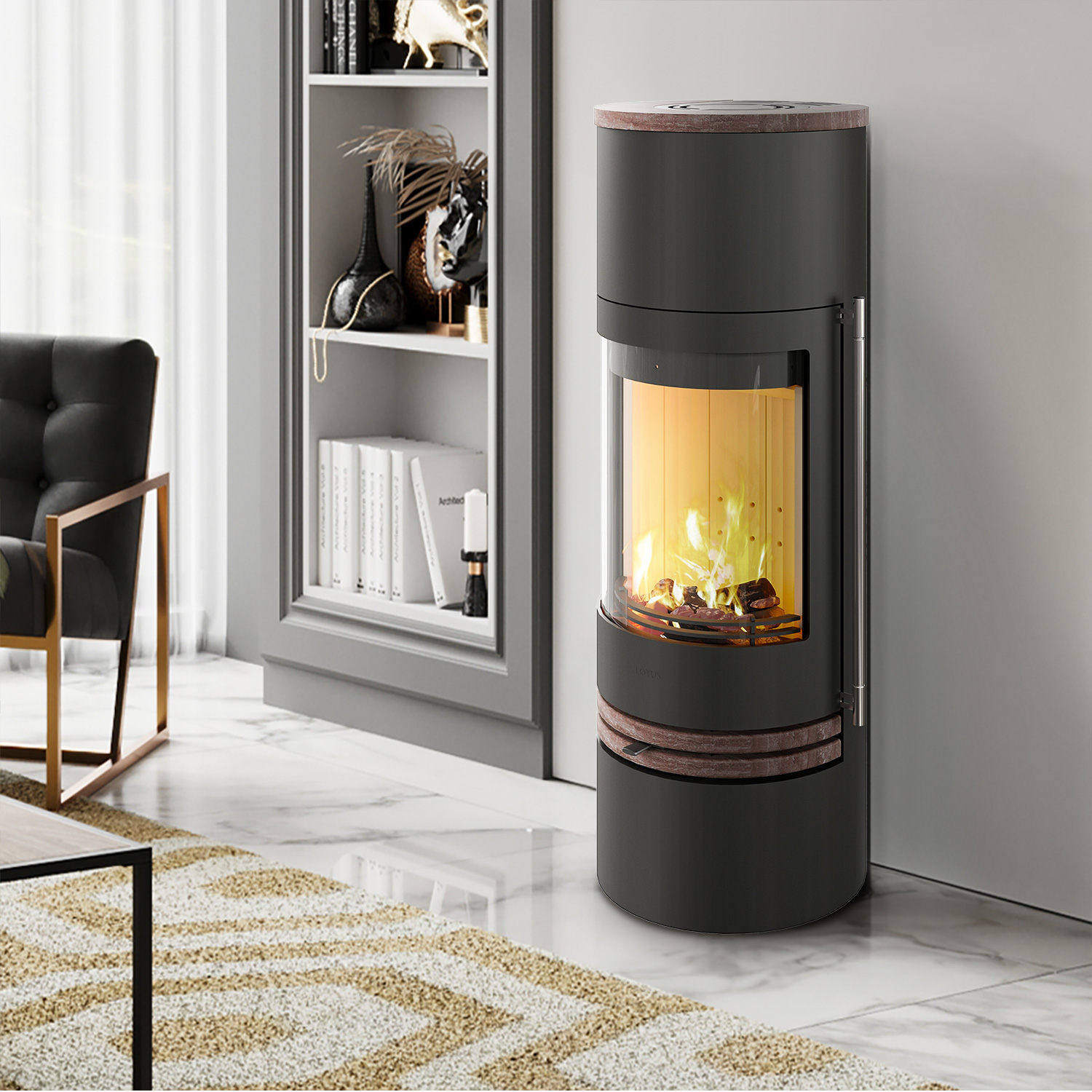 Lotus Kaminofen Orbis 2 Coffee Stone , RR hinten od. RR oben / optional Griffvarianten
