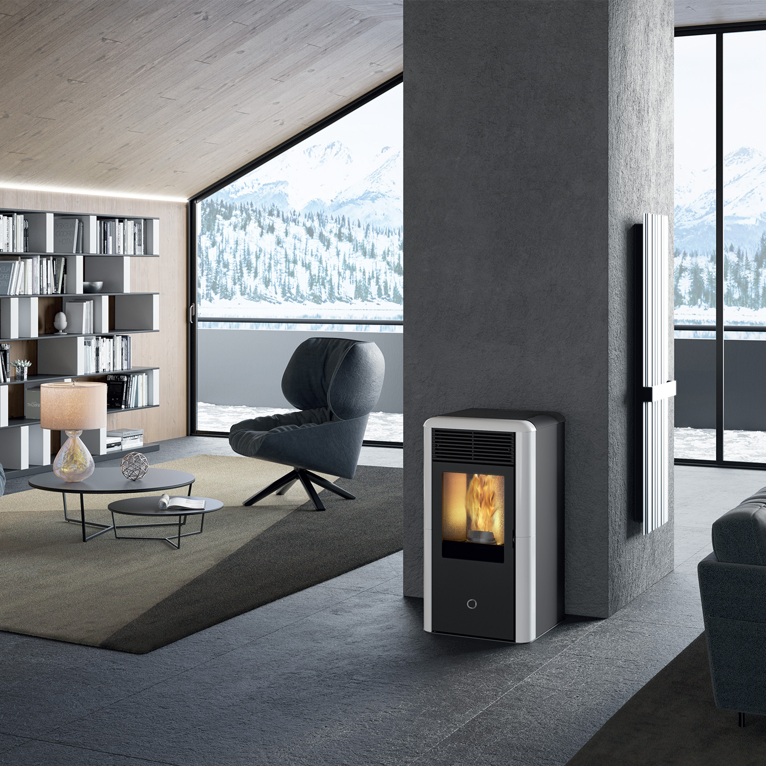 EK63 Spot100 H wasserführender Pelletofen Keramik cremeweiß RR hinten EK63 Spot100 H wasserführender Pelletofen Keramik cremeweiß RR hinten