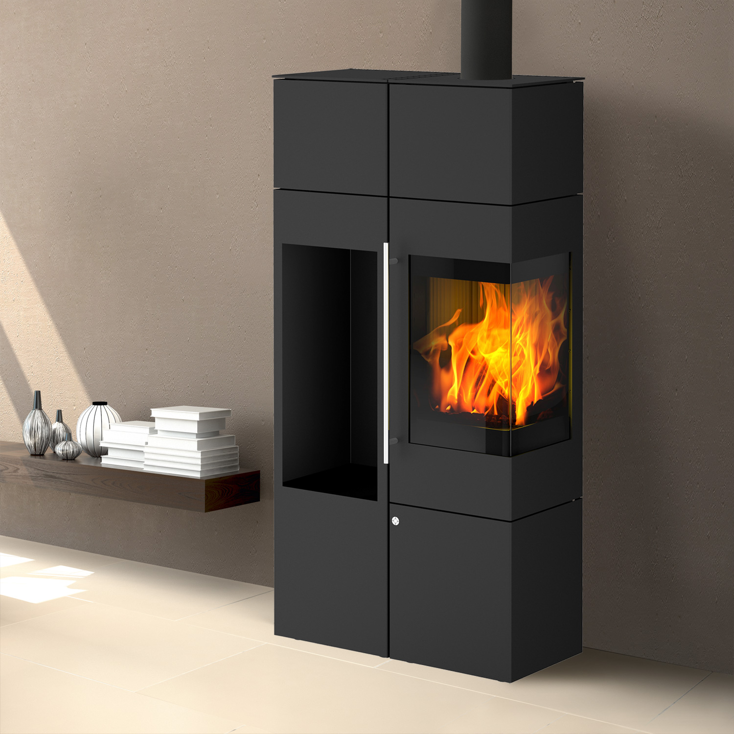 Olsberg Ipala Smart Compact Kaminofen Stahl schwarz, Türanschlag rechts, Stahltür mit Speicheraufsatz und Holzregal links