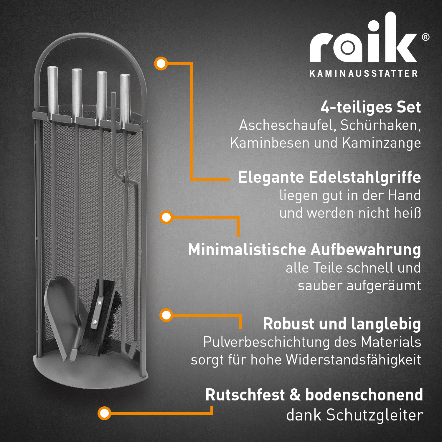 Raik Kaminbesteck Arthur, 4-teilig, anthrazit, Edelstahlgriffe, 66 cm