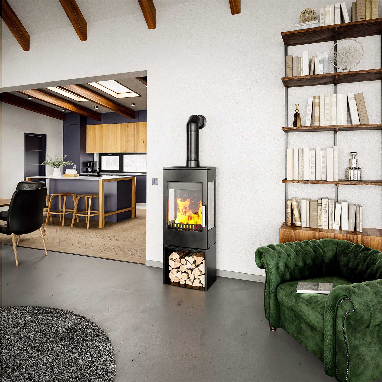 Haas+Sohn WIEN.l easy III 3 Sichtscheiben mit Holzfach Kaminofen ohne Türe tief-schwarz