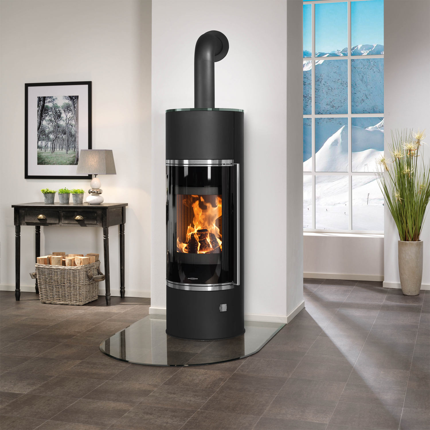 Oranier Arena Aqua 2.0 wasserführender Kaminofen Stahl Schwarz mit Abdeckplatte Glas