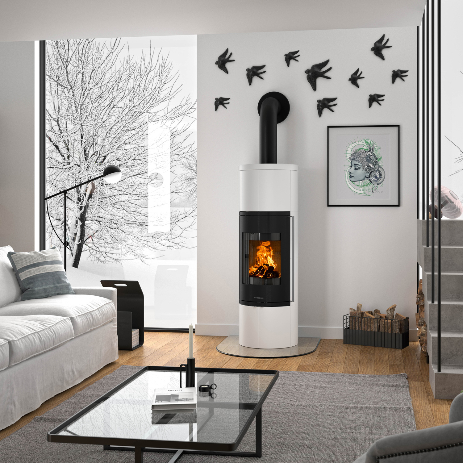 Oranier Arkona W+ 2.0 Kaminofen Stahl Schwarz / Keramik Seidenweiß