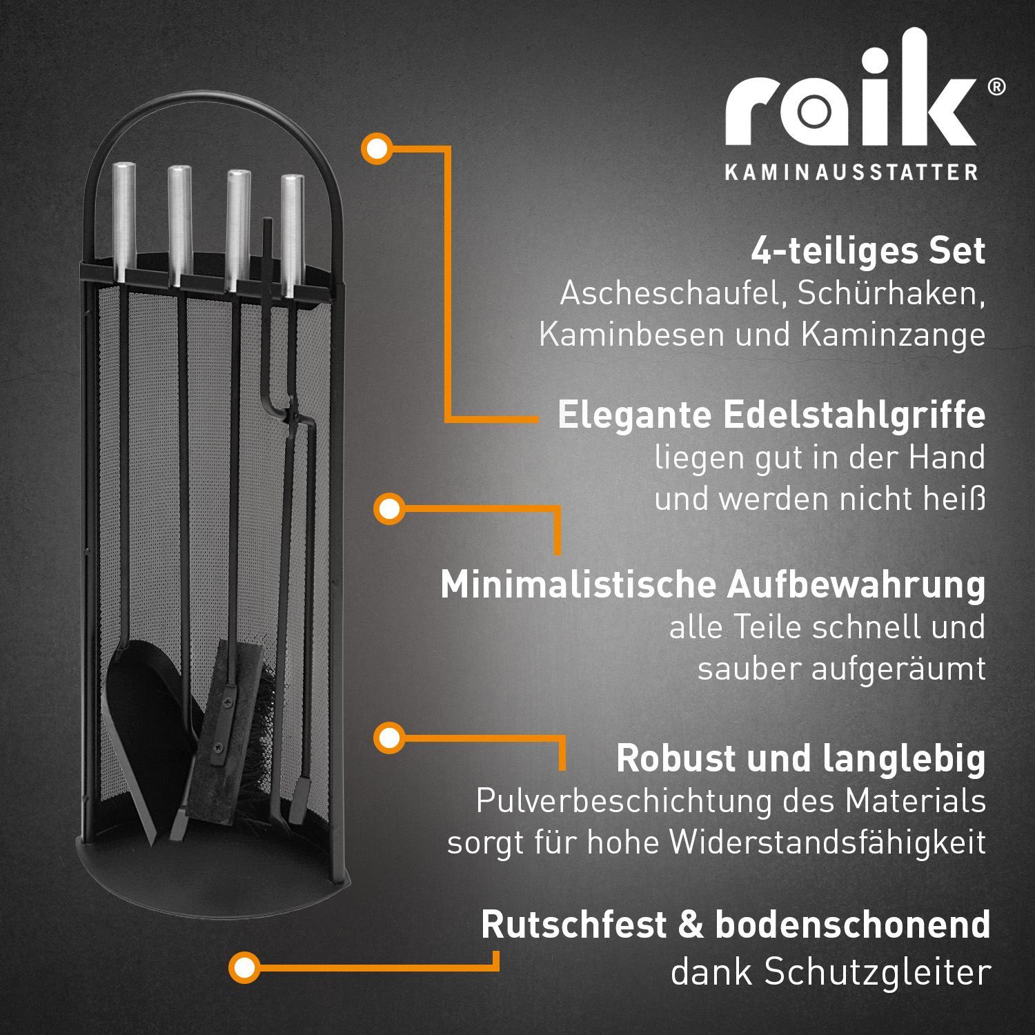 Kaminbesteck Albert mit Raik Kaminhandschuh Rindsleder, 4-teilig, schwarz, Edelstahlgriffe, 66 cm