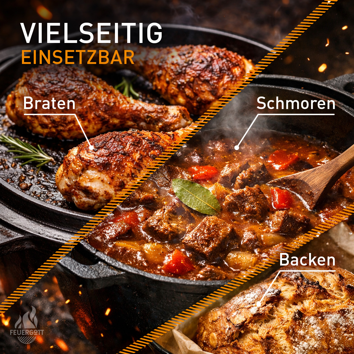 FEUERGOTT Dutch Oven 1,5 l mit Füßen im Set mit Deckelheber und Ringreiniger