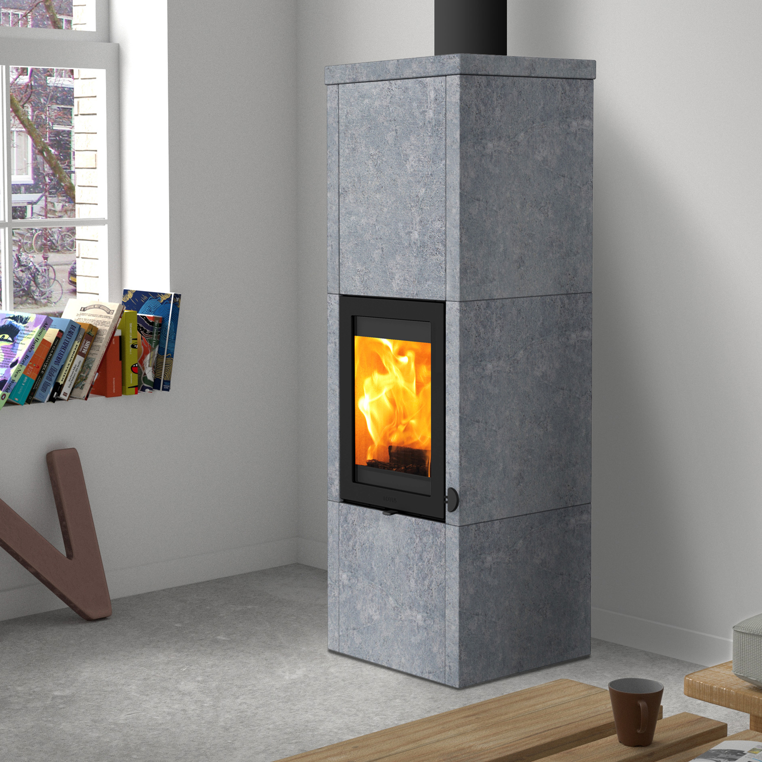 Lotus QM40 Kaminofen Speckstein, Tür Schwarz, Rauchabgang oben