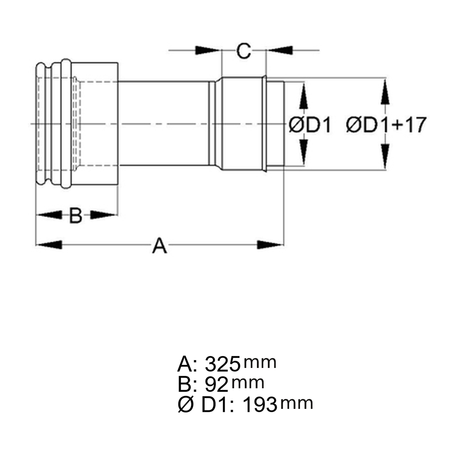 Schiedel Anschlussfutter Ø150 einwandig, kürzbar für ICS Ø200 mm doppelwandig glänzend