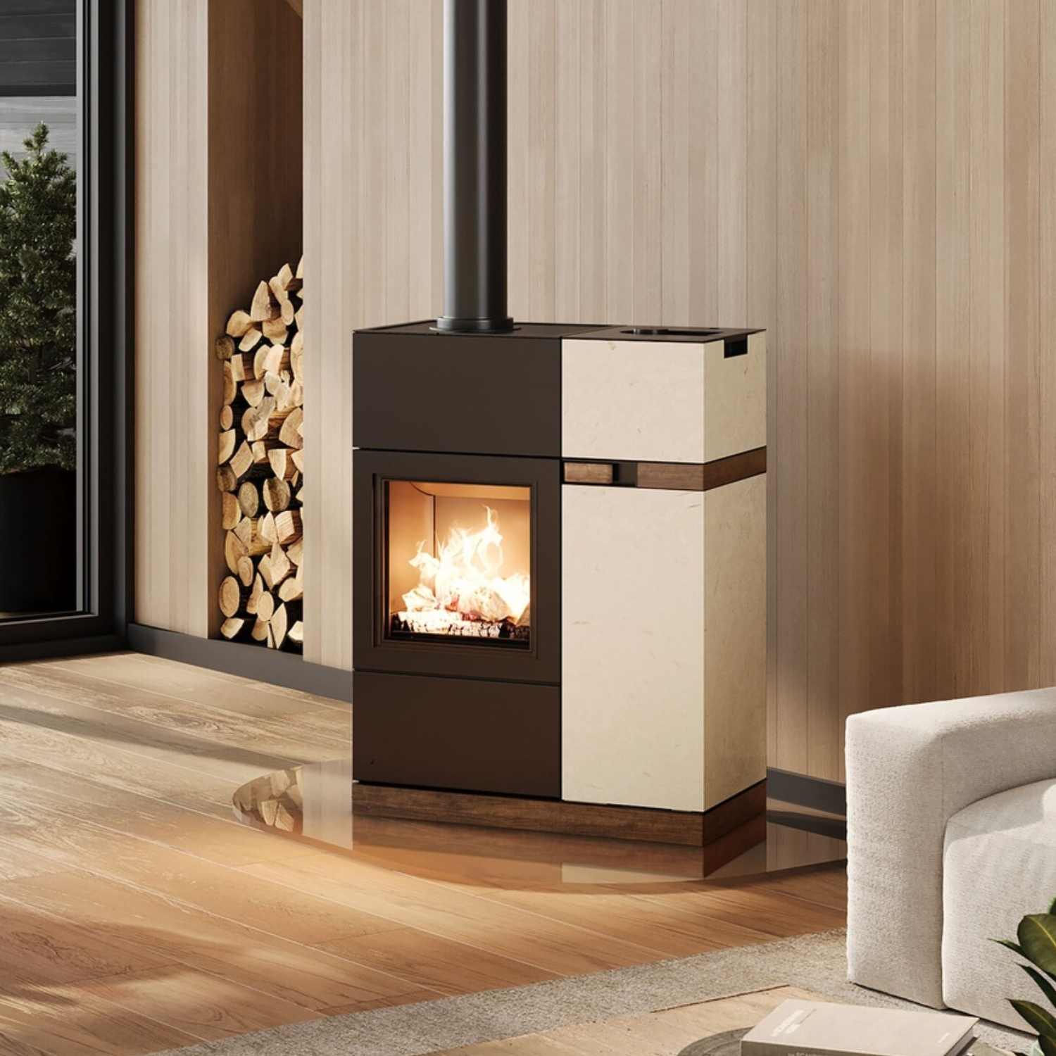 Austroflamm Quadra Duo Hybrid Kamin-/Pelletofen Naturstein Velvet Ivory